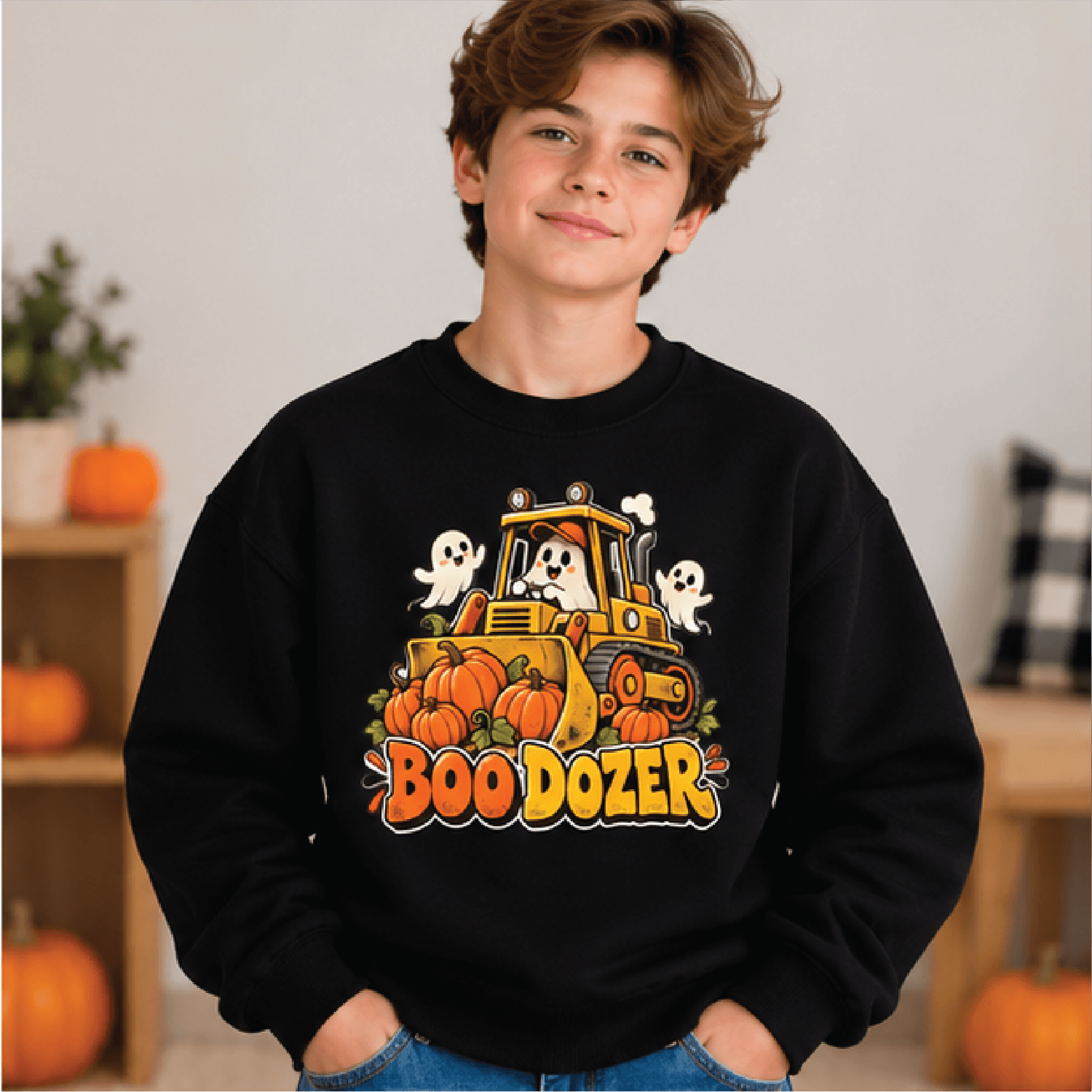 Halloween Construction Sweatshirt Kids Youth Unisex Spooky Excavator Crewneck Ghost Pumpkin Constru 1