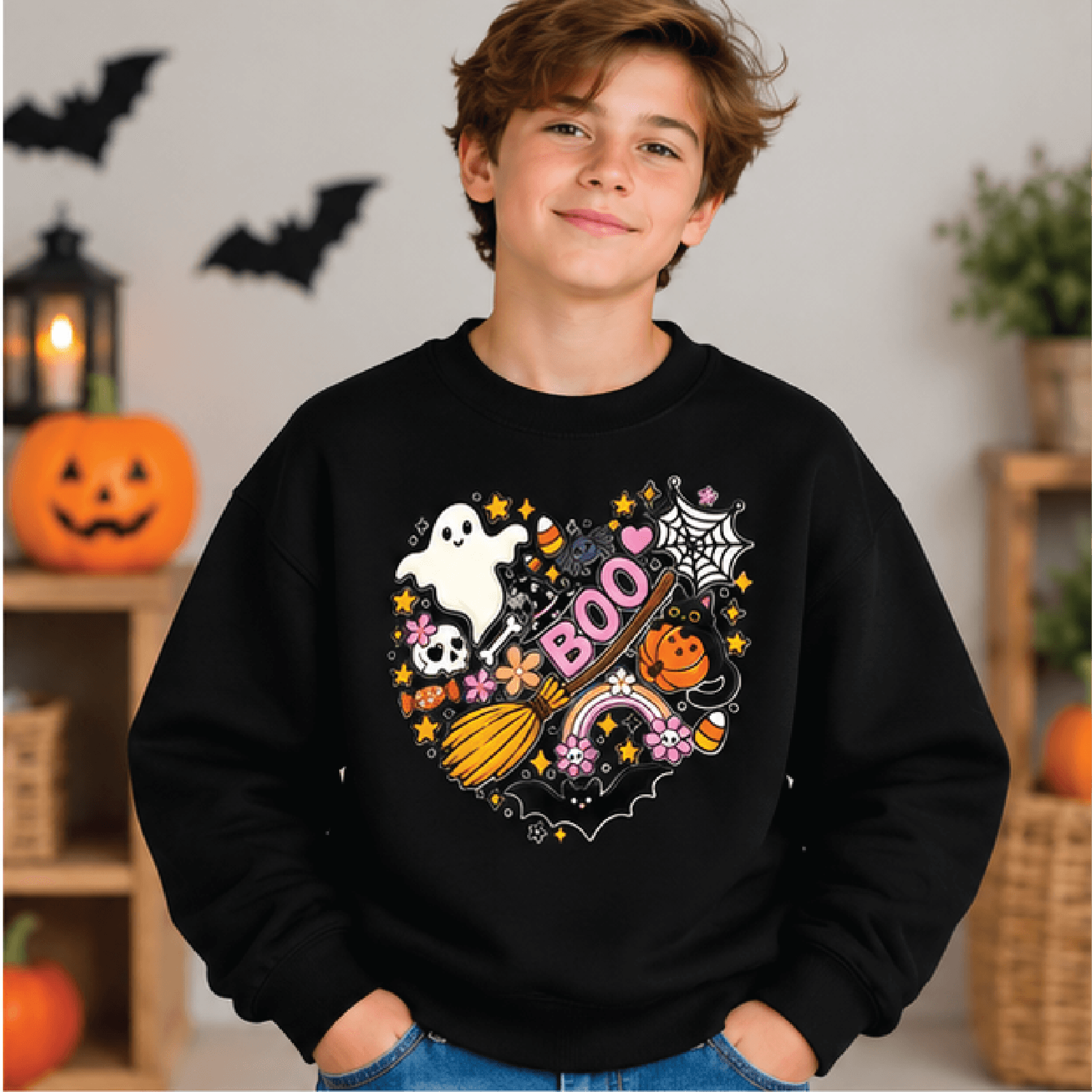 Boo Ghost Halloween Sweatshirt Kids Youth Unisex Black Cat Pumpkin Crewneck Cute Spooky Halloween H 1