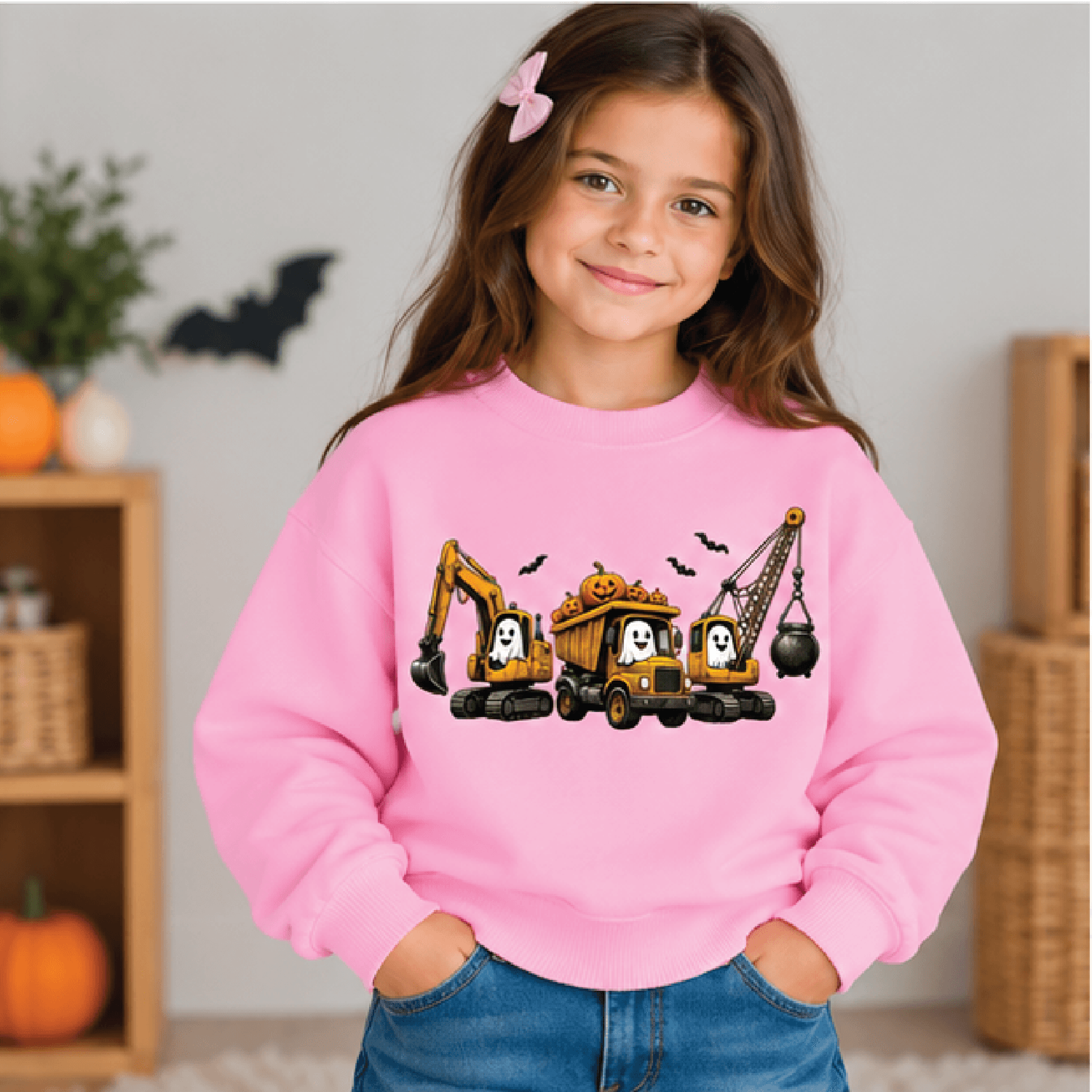 Halloween Construction Sweatshirt Kids Youth Unisex Spooky Excavator Crewneck Ghost Pumpkin Digger  2