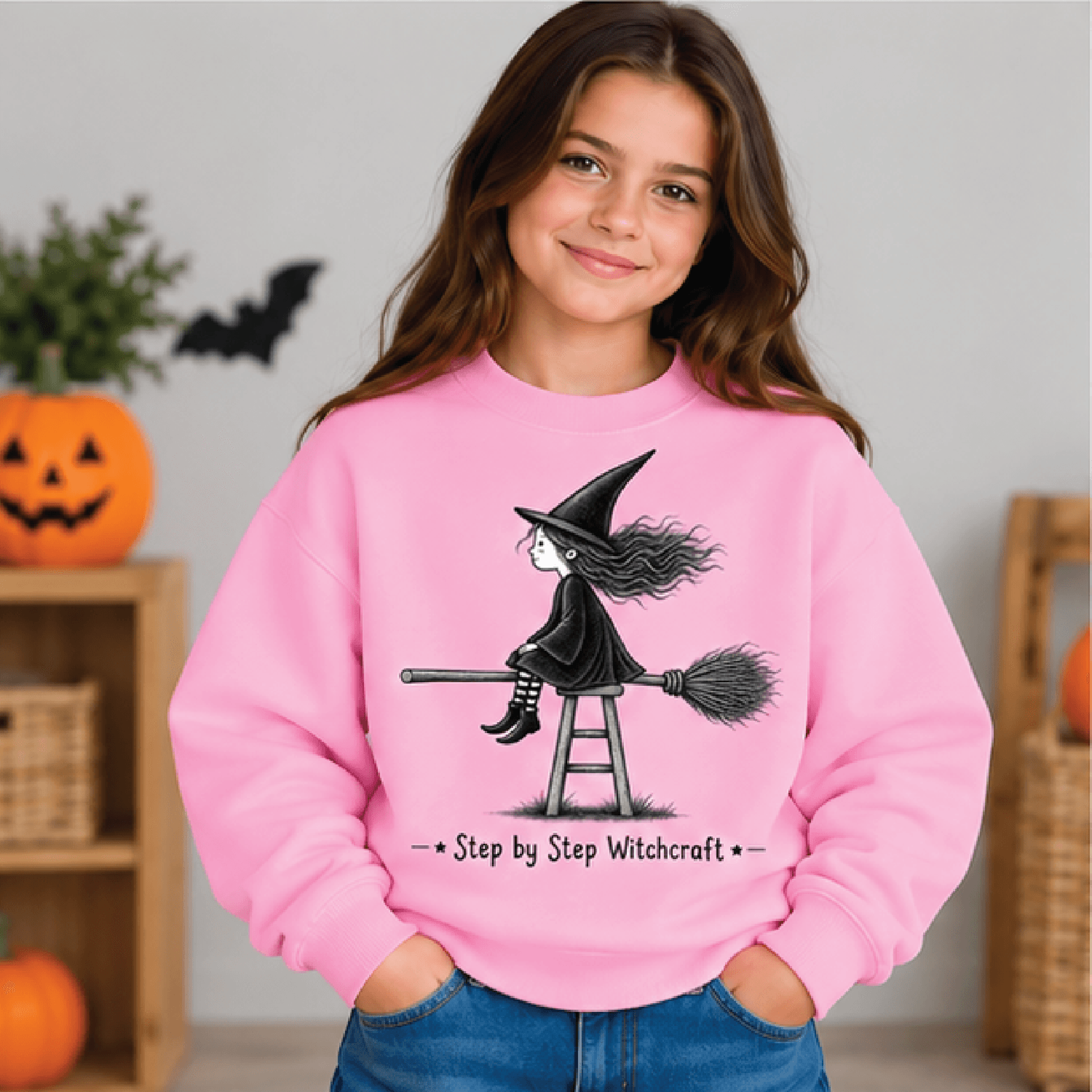 Little Witch Halloween Sweatshirt Kids Youth Unisex Cute Witch Crewneck Witch Broom Spooky Season F 2