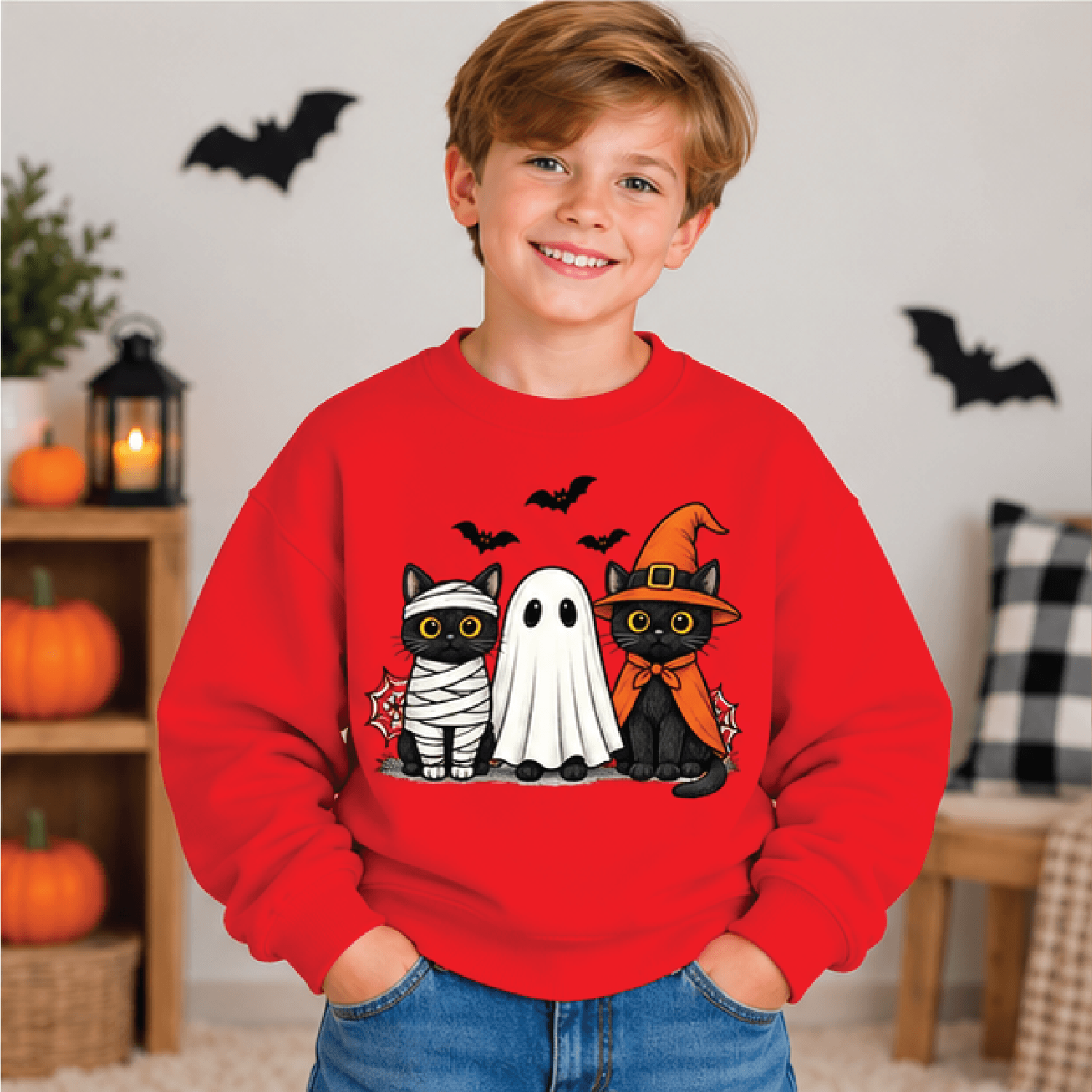 Black Cat Halloween Sweatshirt Kids Youth Unisex Spooky Kitty Crewneck Cute Halloween Cat Fall Swea 3