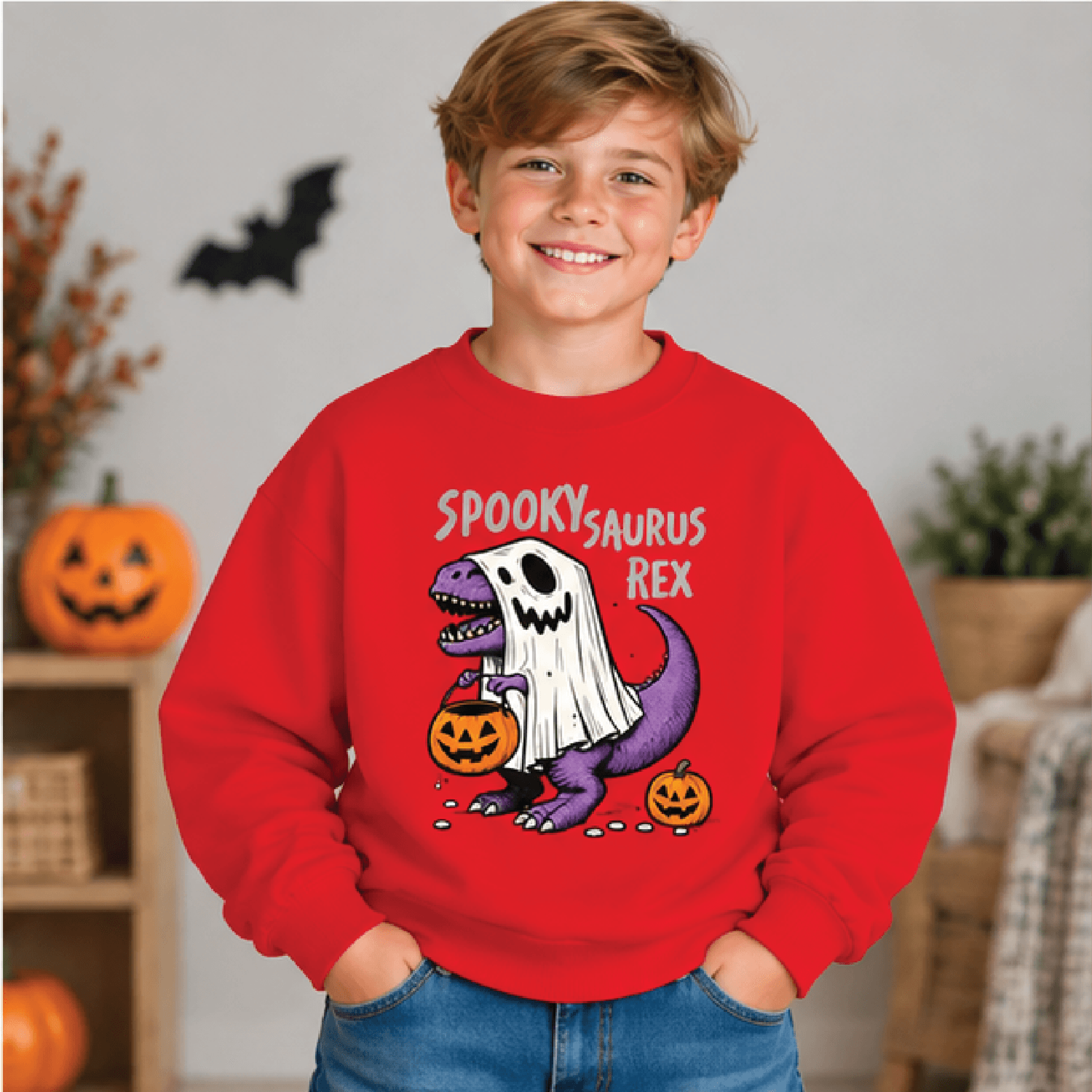 Spooky Saurus Rex Halloween Sweatshirt Kids Youth Unisex TRex Skeleton Crewneck Dinosaur Spooky Sea 3