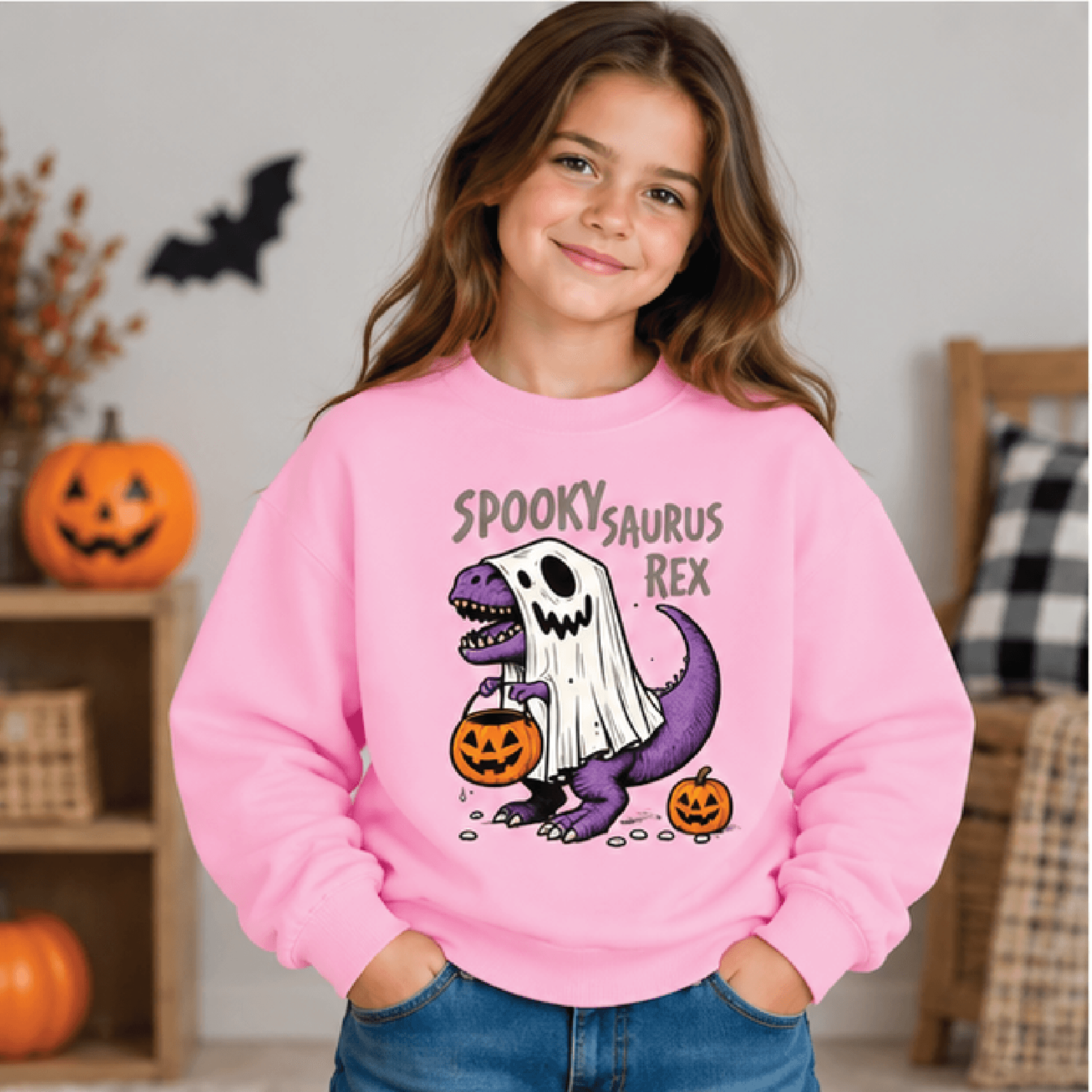 Spooky Saurus Rex Halloween Sweatshirt Kids Youth Unisex TRex Skeleton Crewneck Dinosaur Spooky Sea 2