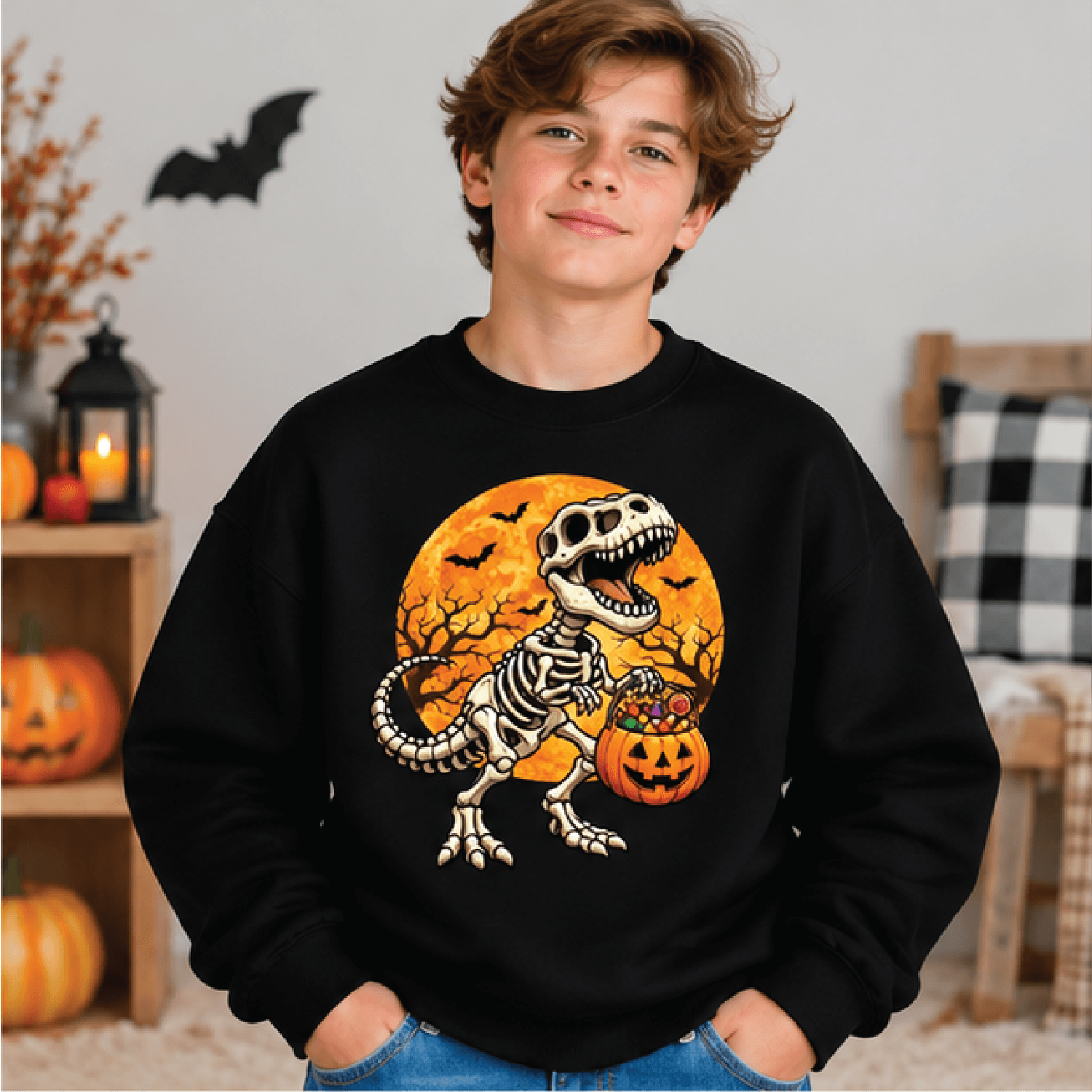 TRex Halloween Sweatshirt Kids Youth Unisex Dinosaur Crewneck Spooky Pumpkin Dino Fall Sweater Tric 1