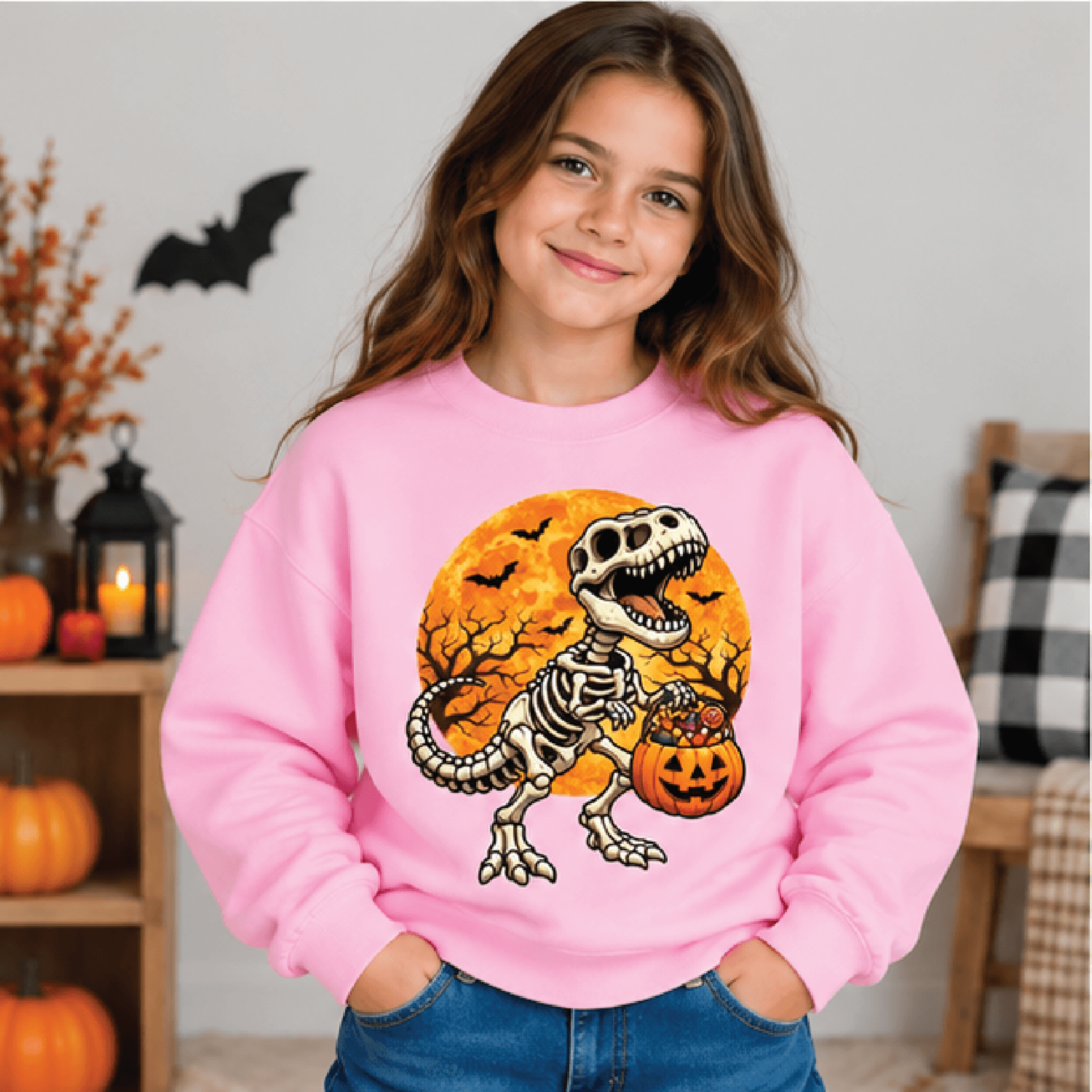 TRex Halloween Sweatshirt Kids Youth Unisex Dinosaur Crewneck Spooky Pumpkin Dino Fall Sweater Tric 2