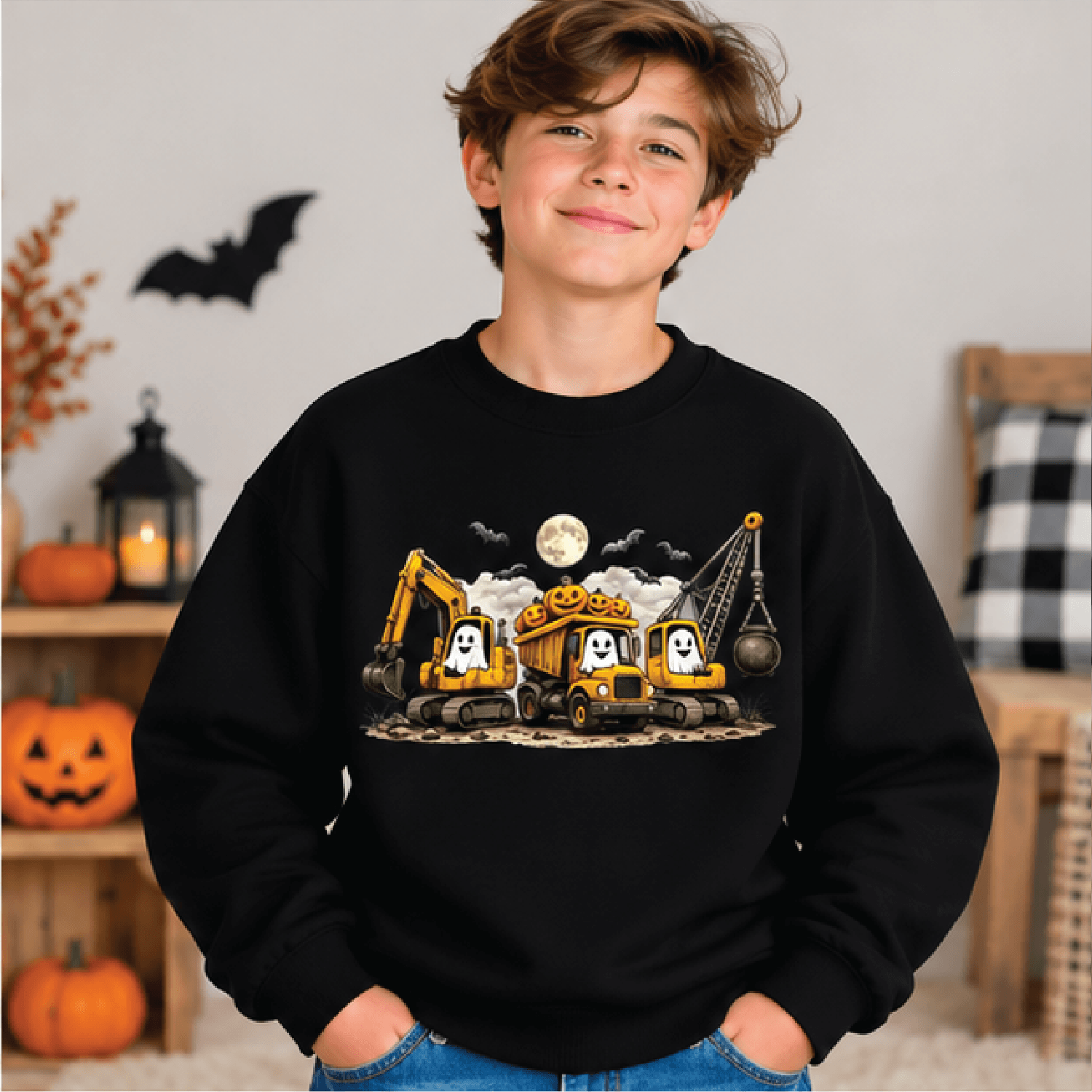 Halloween Construction Sweatshirt Kids Youth Unisex Spooky Construction Crewneck Pumpkin Truck Fall 1