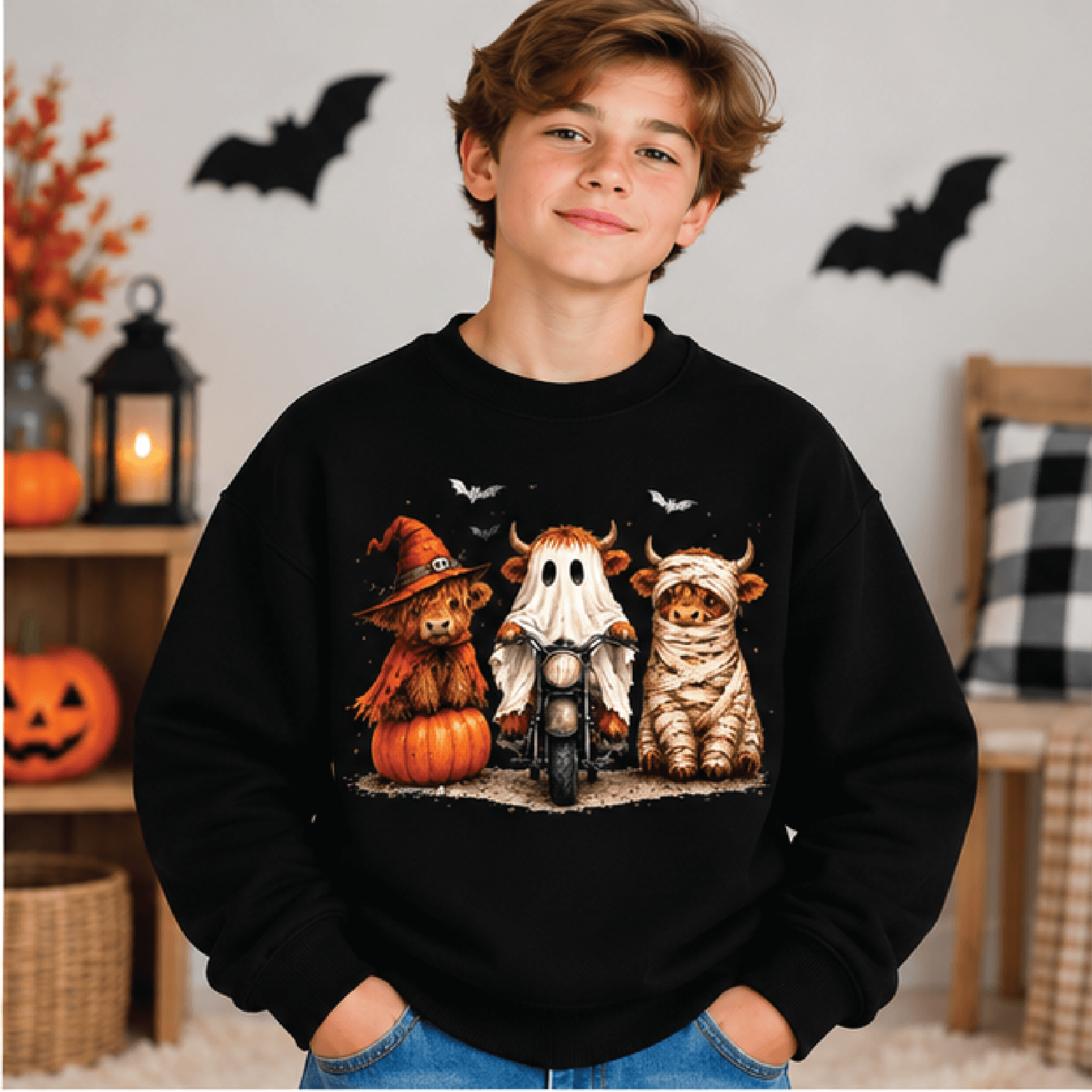 Highland Cow Halloween Sweatshirt Kids Youth Unisex Spooky Cow Crewneck Cute Pumpkin Cow Fall Sweat 1