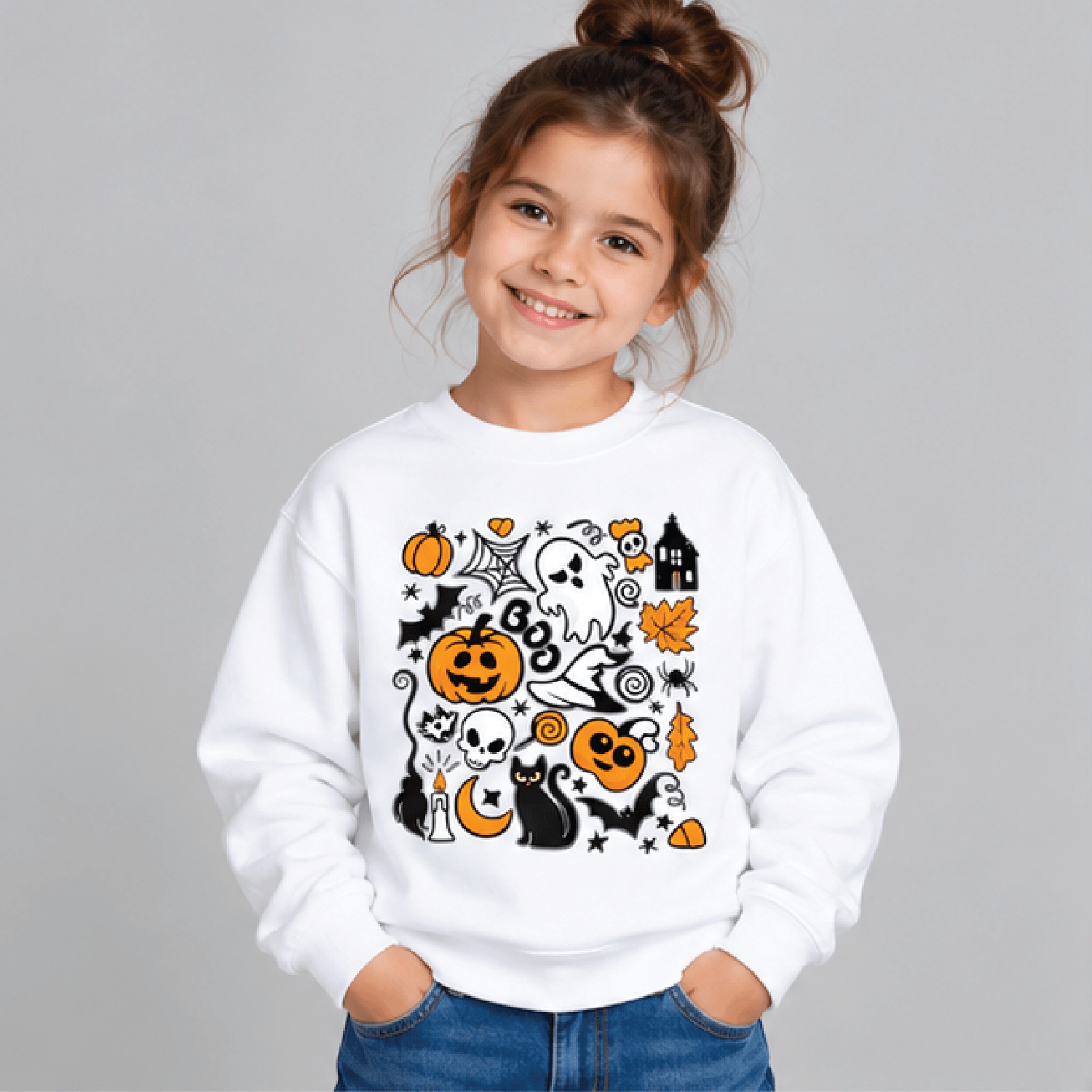 Cute Ghost Pumpkin Halloween Sweatshirt Kids Youth Unisex Spooky Ghost Crewneck Jack O Lantern Fall