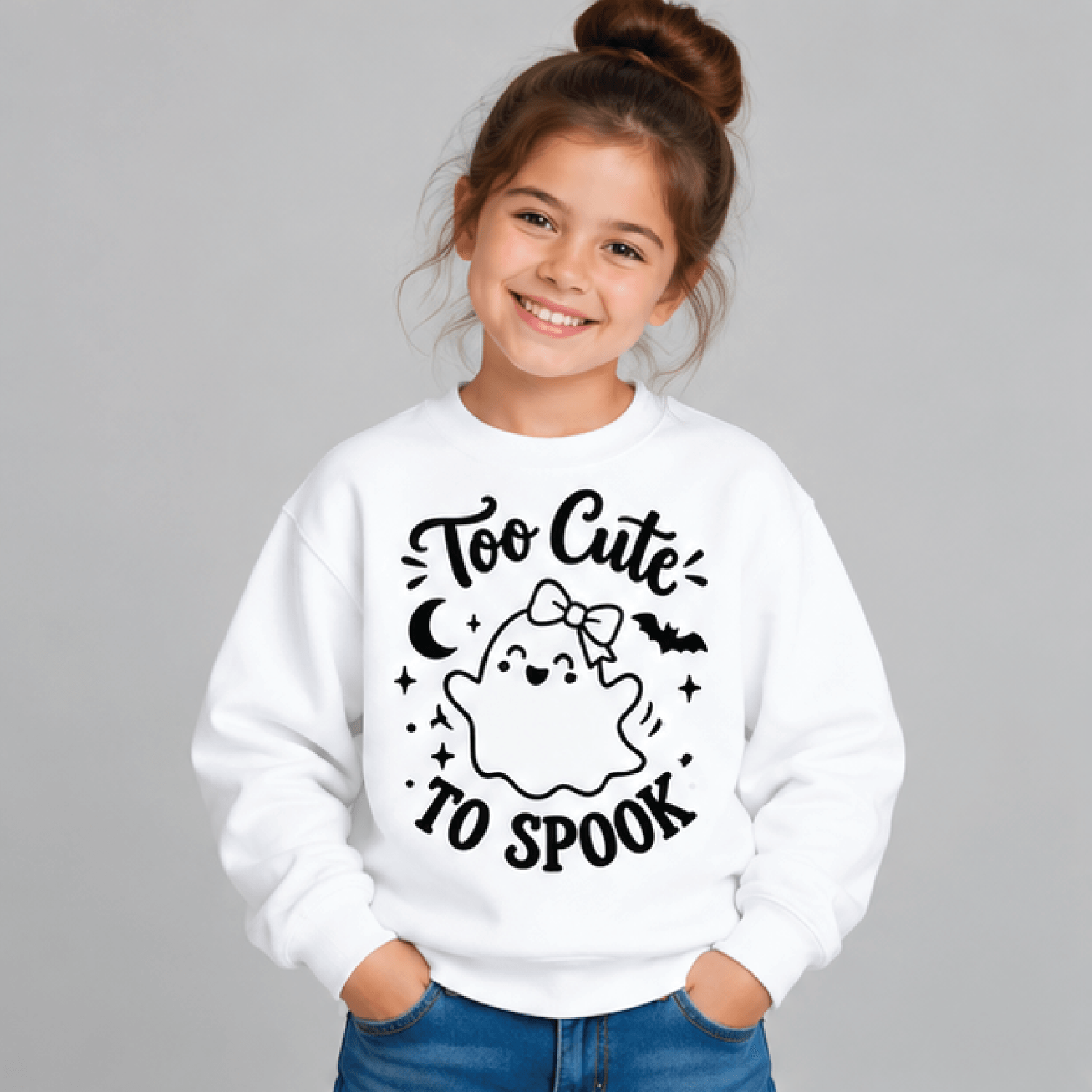 too cute to spook halloween sweatshirt, kids youth unisex cute ghost crewneck, retro pumpkin spooky season fall sweater