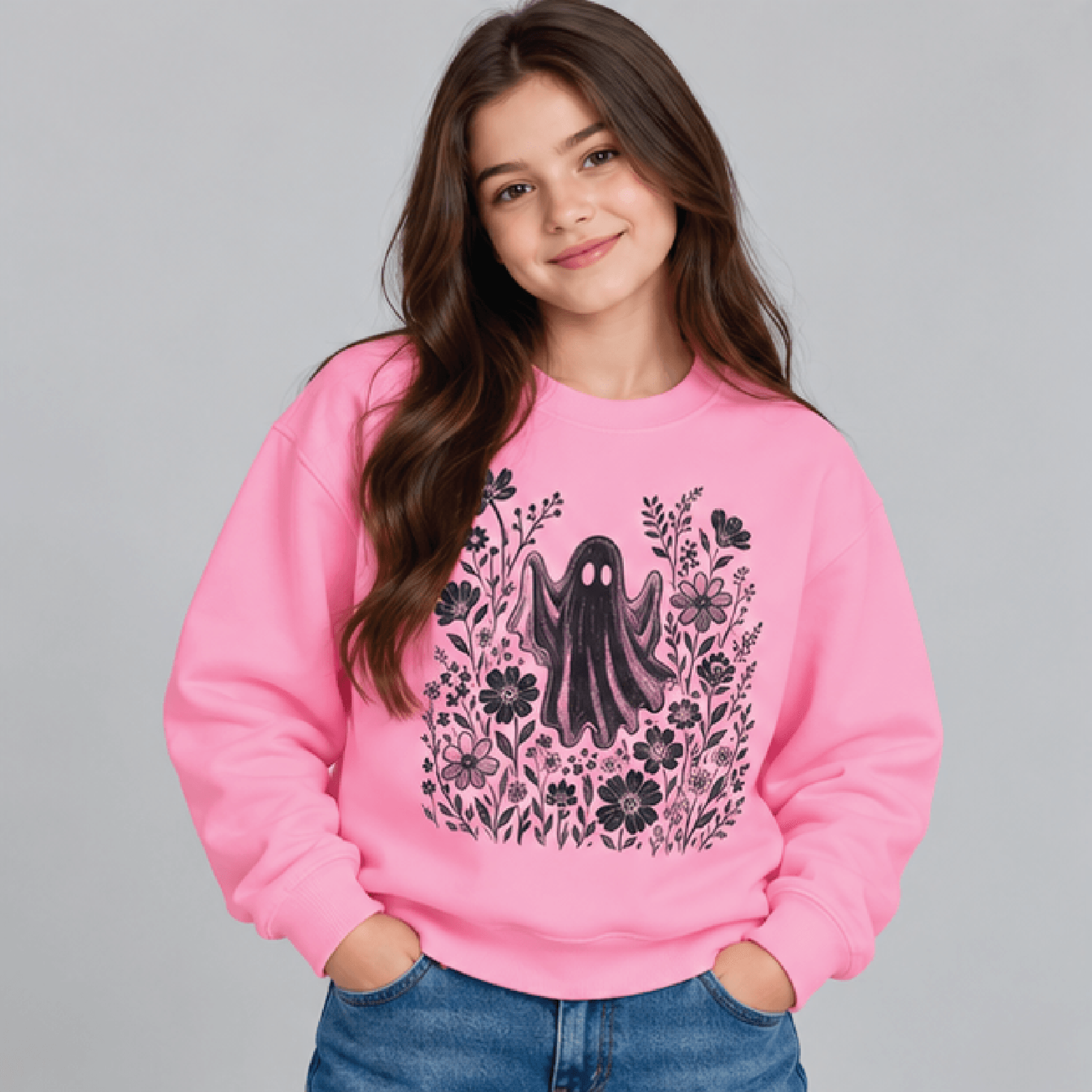Floral Ghost Halloween Sweatshirt Kids Youth Unisex Cute Ghost Crewneck Flower Spooky Season Fall S 2
