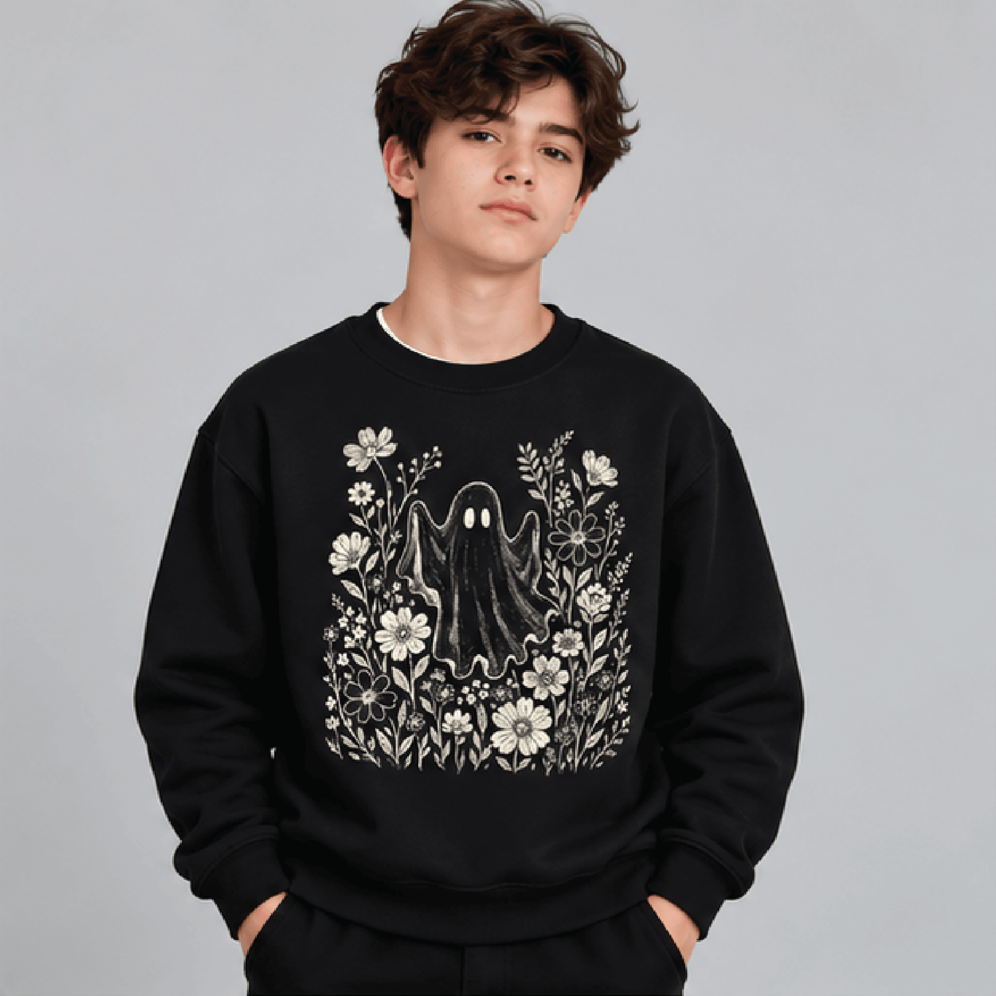 Floral Ghost Halloween Sweatshirt Kids Youth Unisex Cute Ghost Crewneck Flower Spooky Season Fall S 1