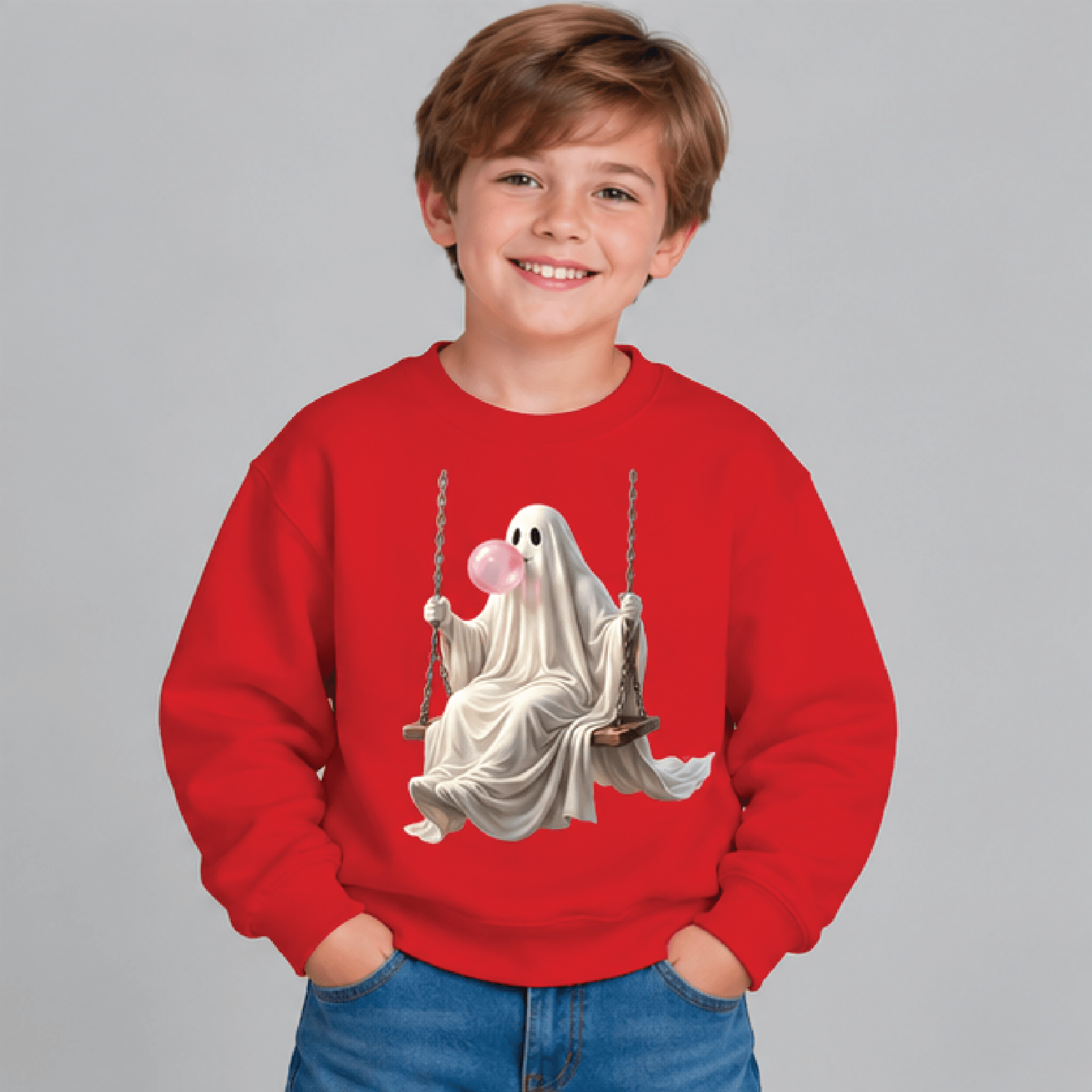 Ghost On Swing Halloween Sweatshirt Kids Youth Unisex Cute Ghost Crewneck Spooky Swing Fall Sweater 3