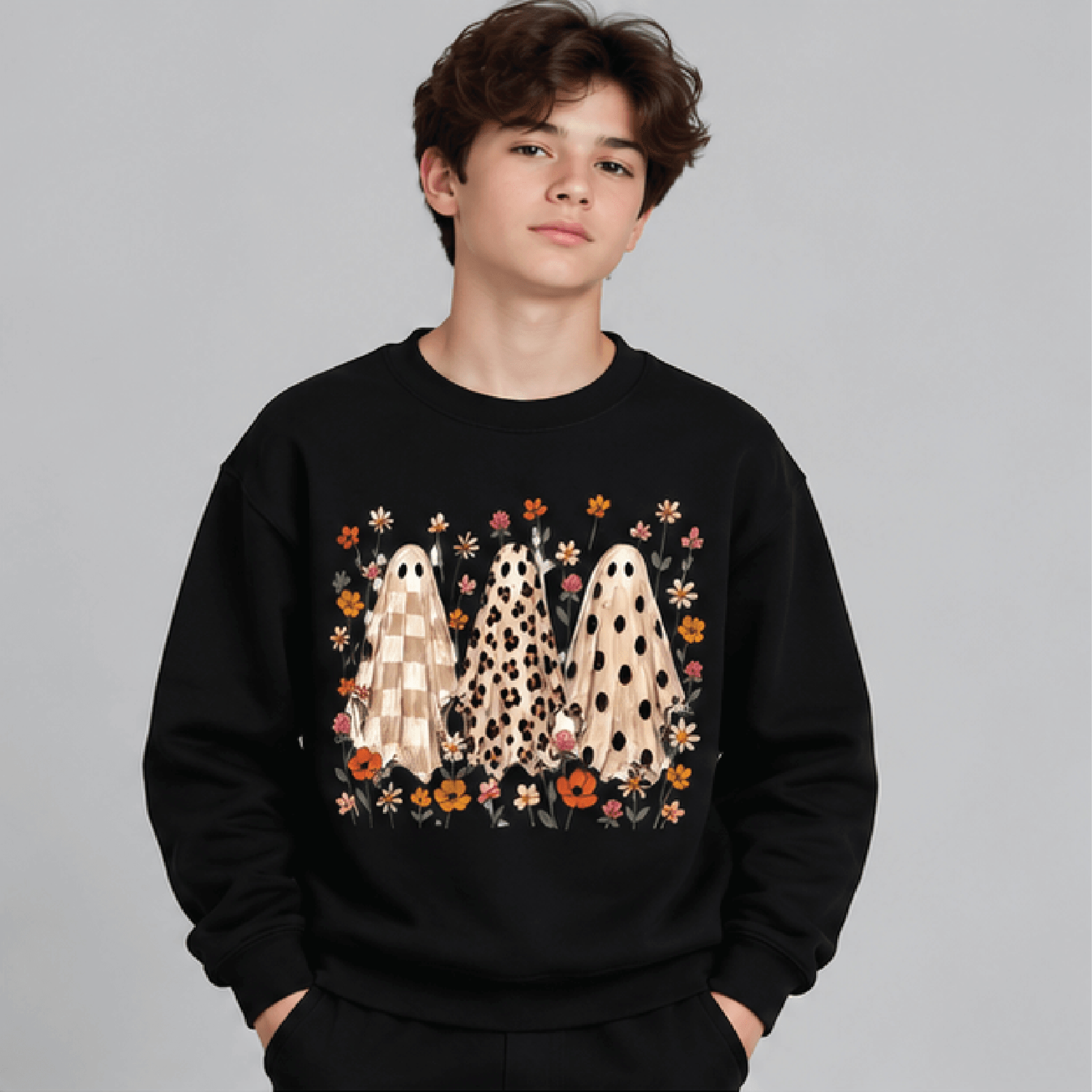 Floral Leopard Ghost Halloween Sweatshirt Kids Youth Unisex Cute Ghost Crewneck Spooky Floral Fall  1