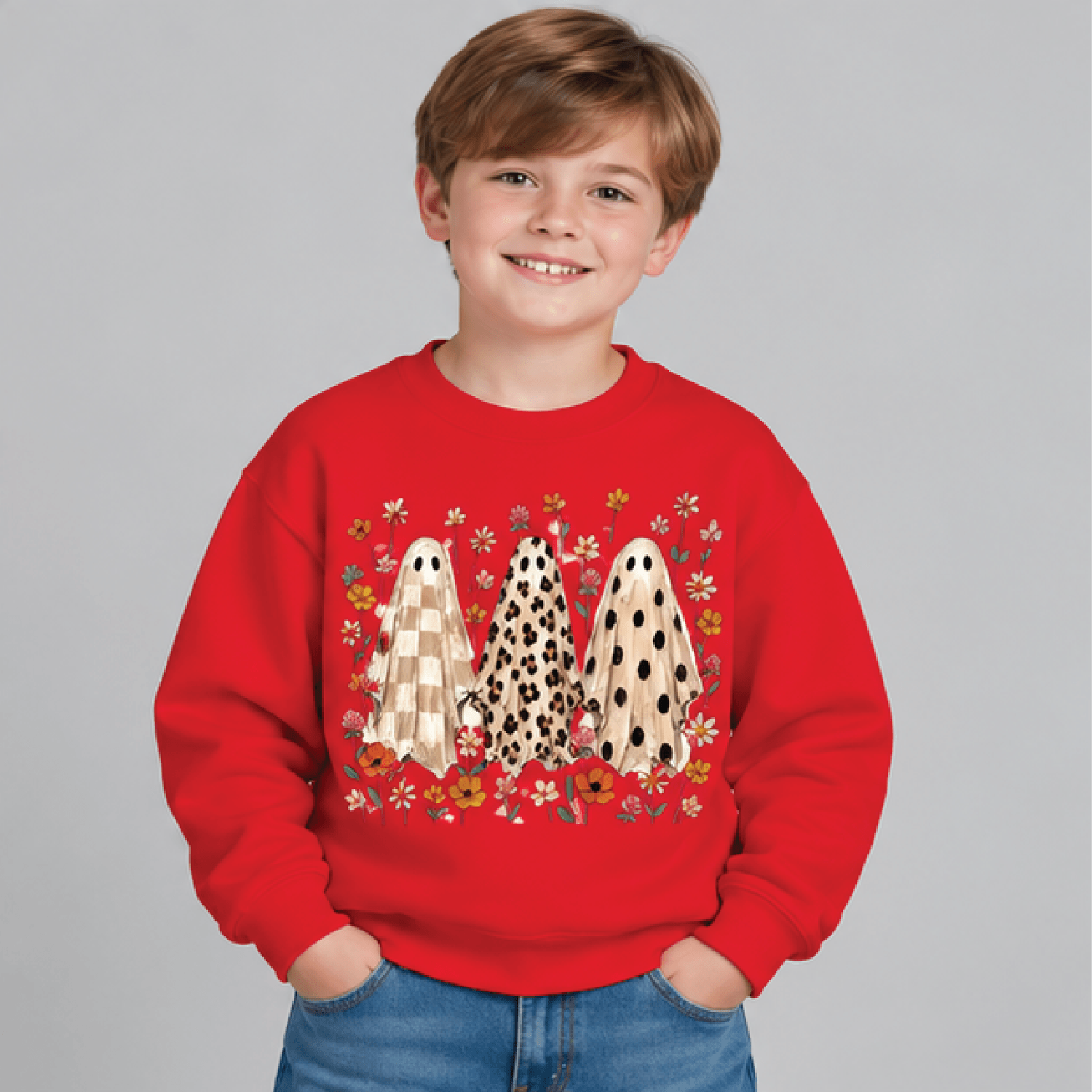 Floral Leopard Ghost Halloween Sweatshirt Kids Youth Unisex Cute Ghost Crewneck Spooky Floral Fall  3