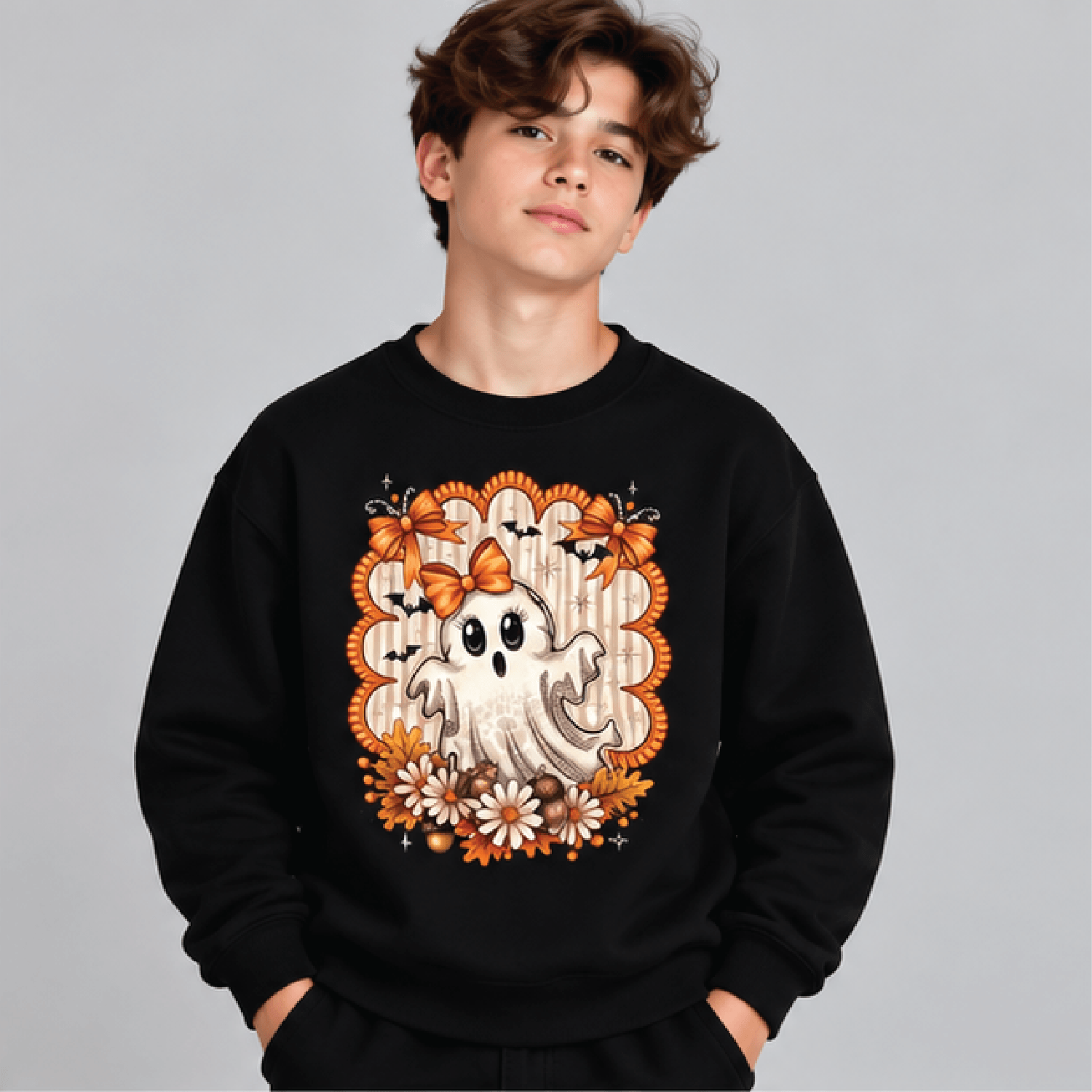 Cute Bow Ghost Halloween Sweatshirt Kids Youth Unisex Floral Ghost Crewneck Orange Bow Bat Spooky S 1