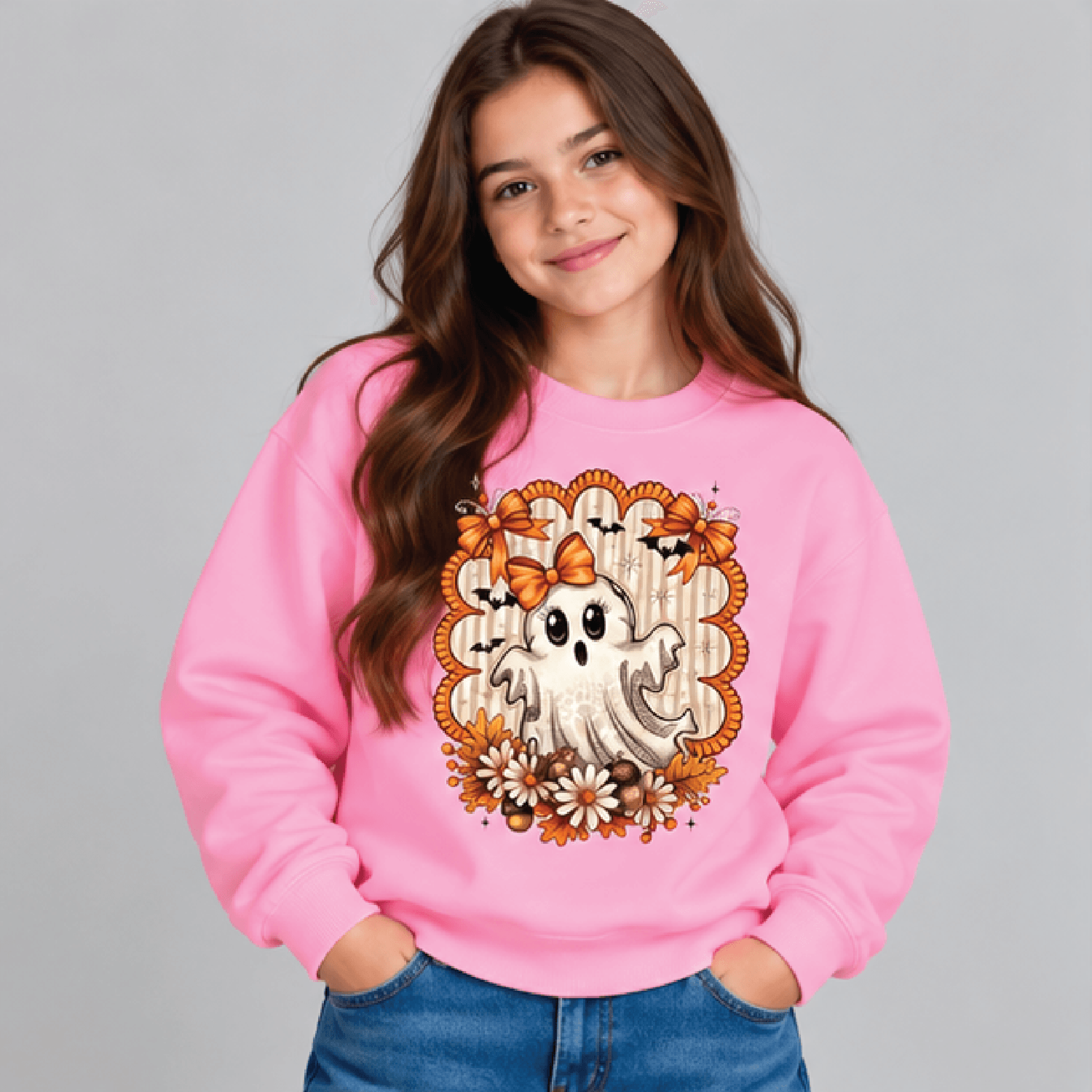 Cute Bow Ghost Halloween Sweatshirt Kids Youth Unisex Floral Ghost Crewneck Orange Bow Bat Spooky S 2