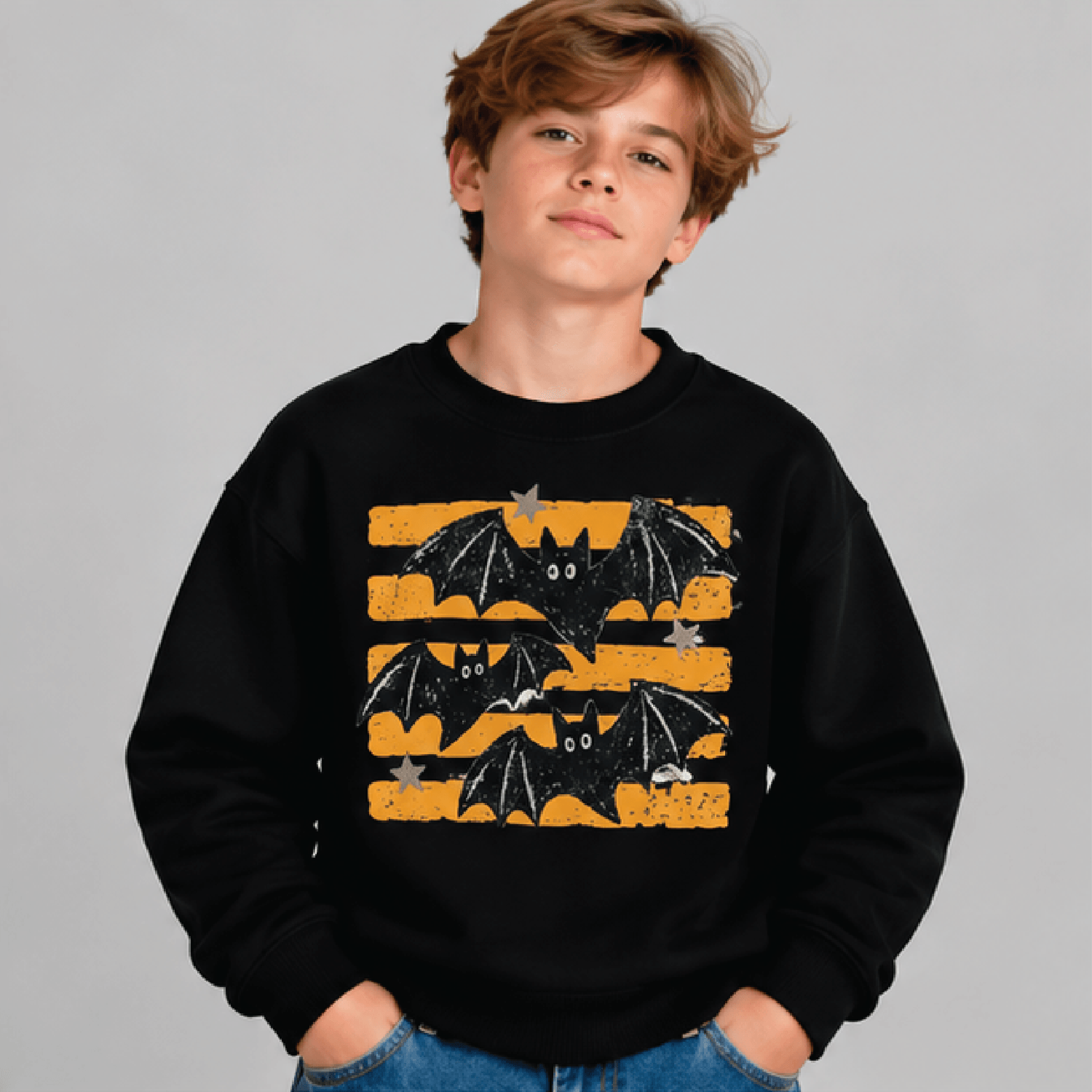 Retro Bat Halloween Sweatshirt Kids Youth Unisex Spooky Bats Crewneck Orange Stripe Vintage Hallowe 1