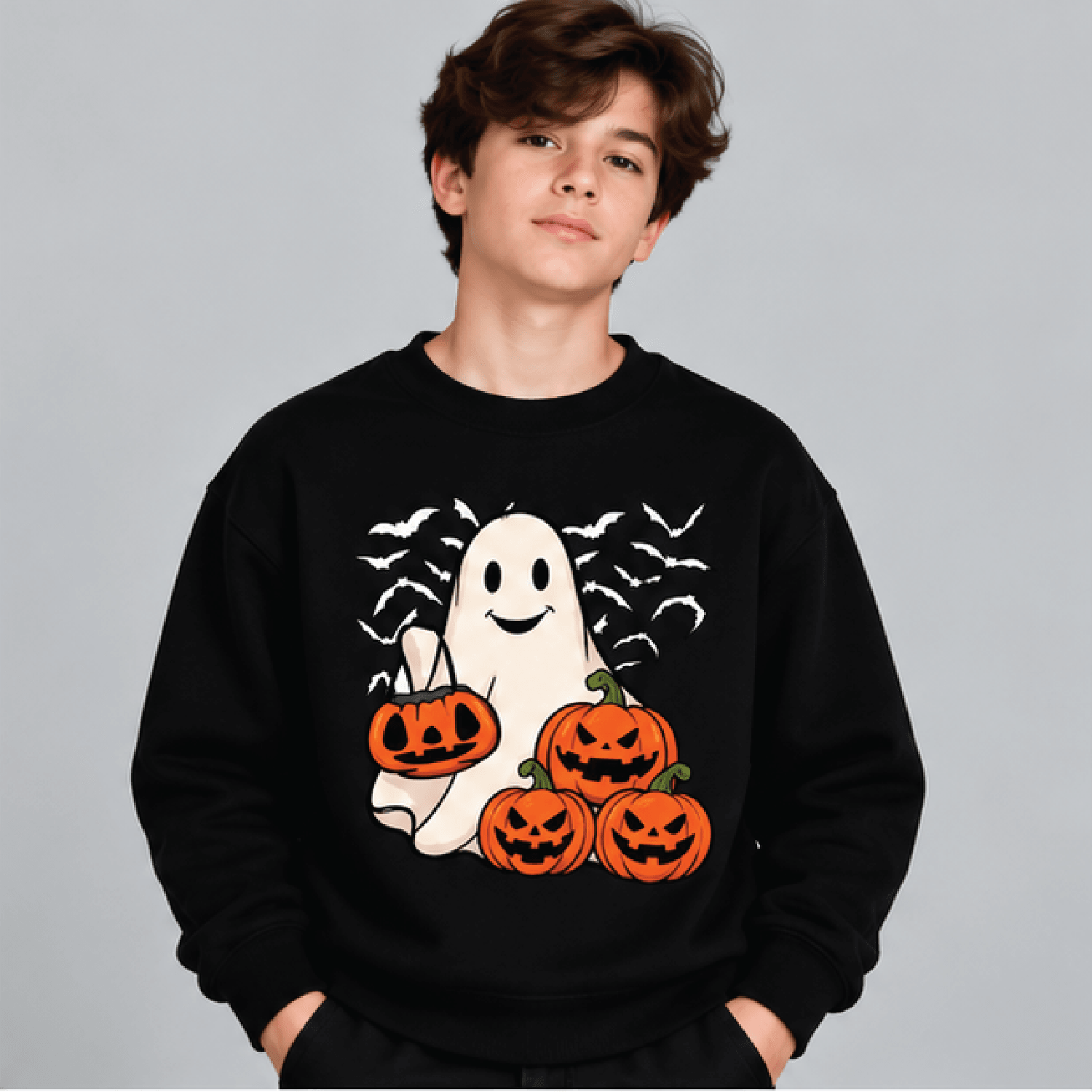 Ghost And Pumpkin Halloween Sweatshirt Kids Youth Unisex Cute Ghost Crewneck Pumpkin Season Spooky  1