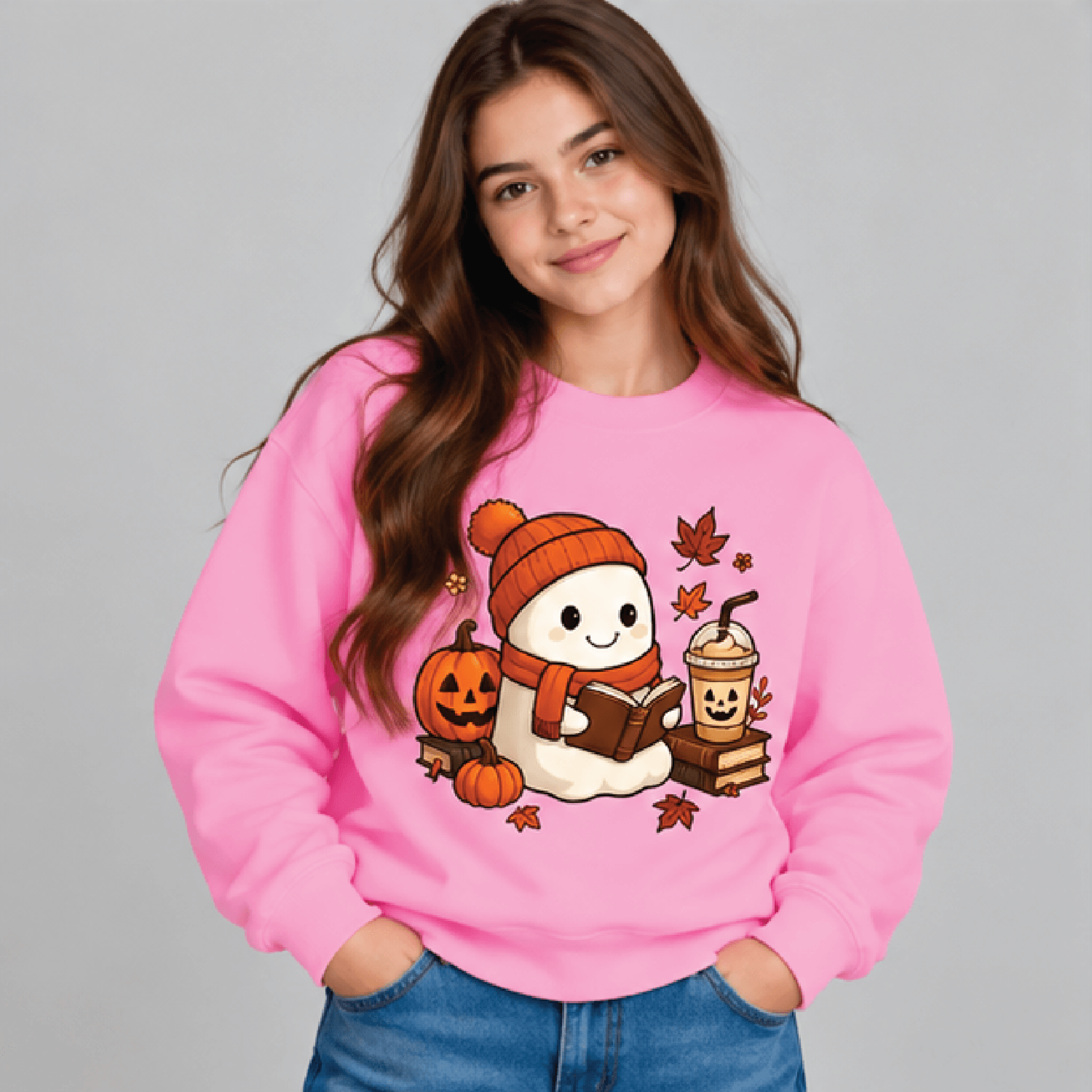 Ghost Reading Book Halloween Sweatshirt Kids Youth Unisex Bookish Ghost Crewneck Pumpkin Coffee Fal 2