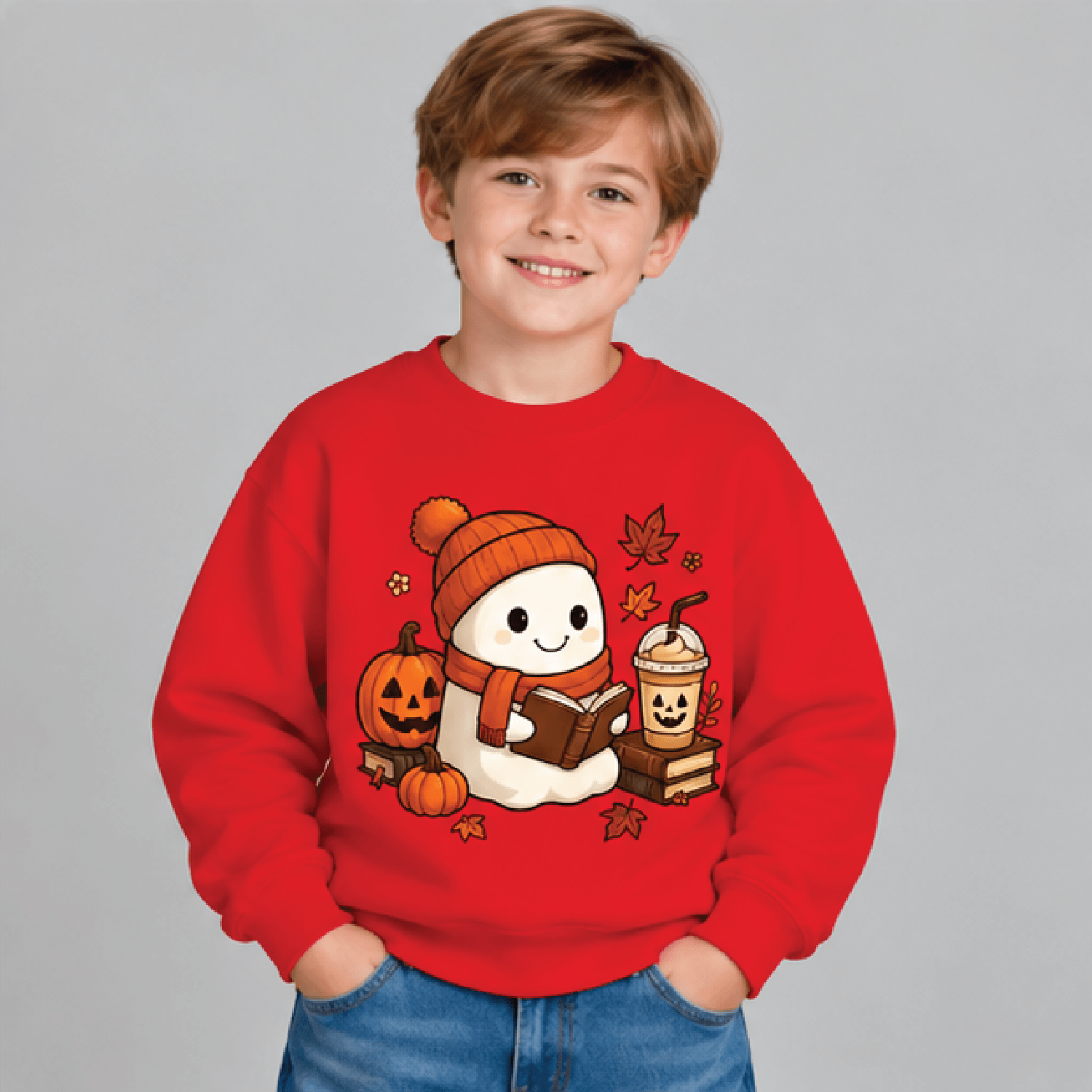 Ghost Reading Book Halloween Sweatshirt Kids Youth Unisex Bookish Ghost Crewneck Pumpkin Coffee Fal 3