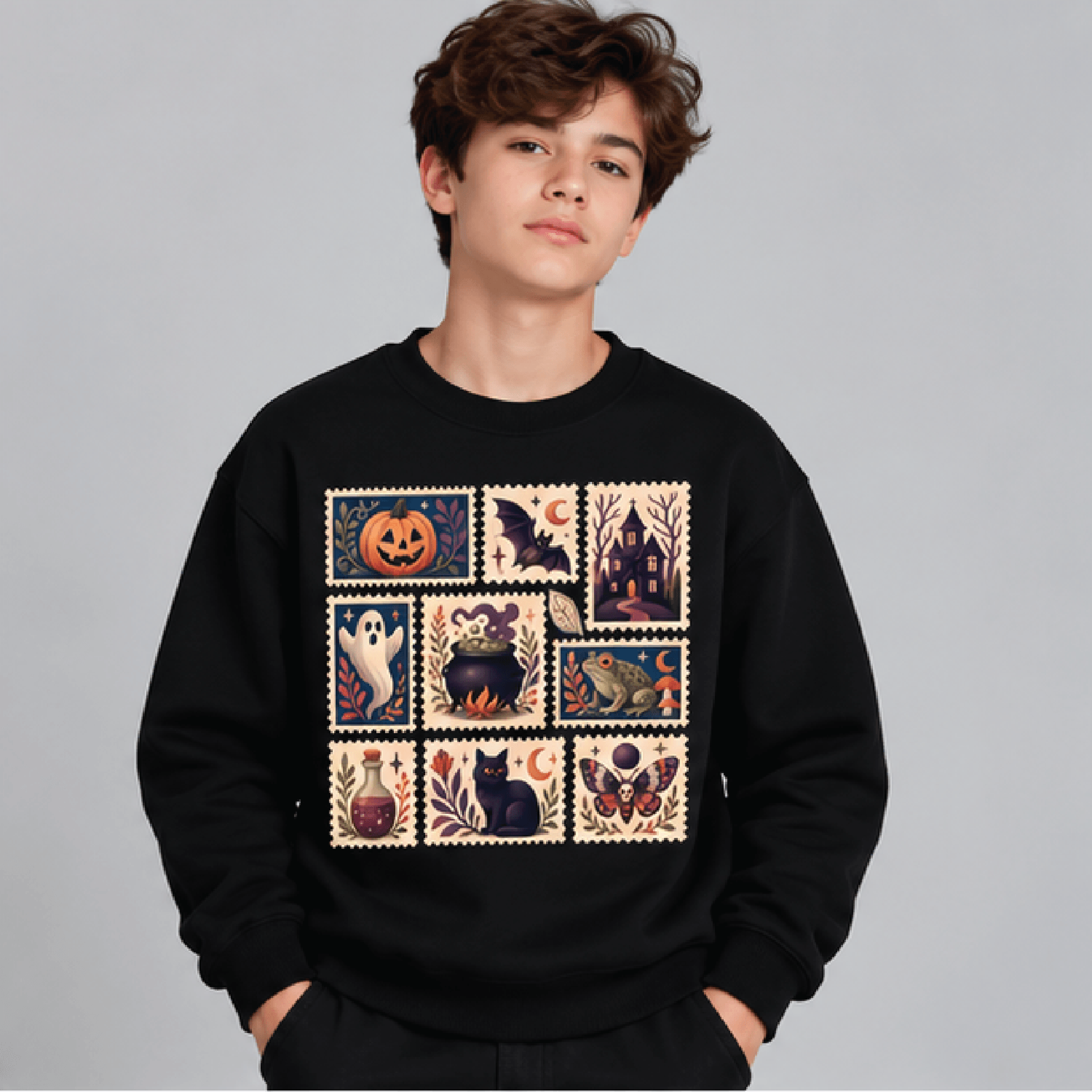 Halloween Postage Stamp Sweatshirt Kids Youth Unisex Gothic Folk Art Crewneck Witchy Ghost Pumpkin  1
