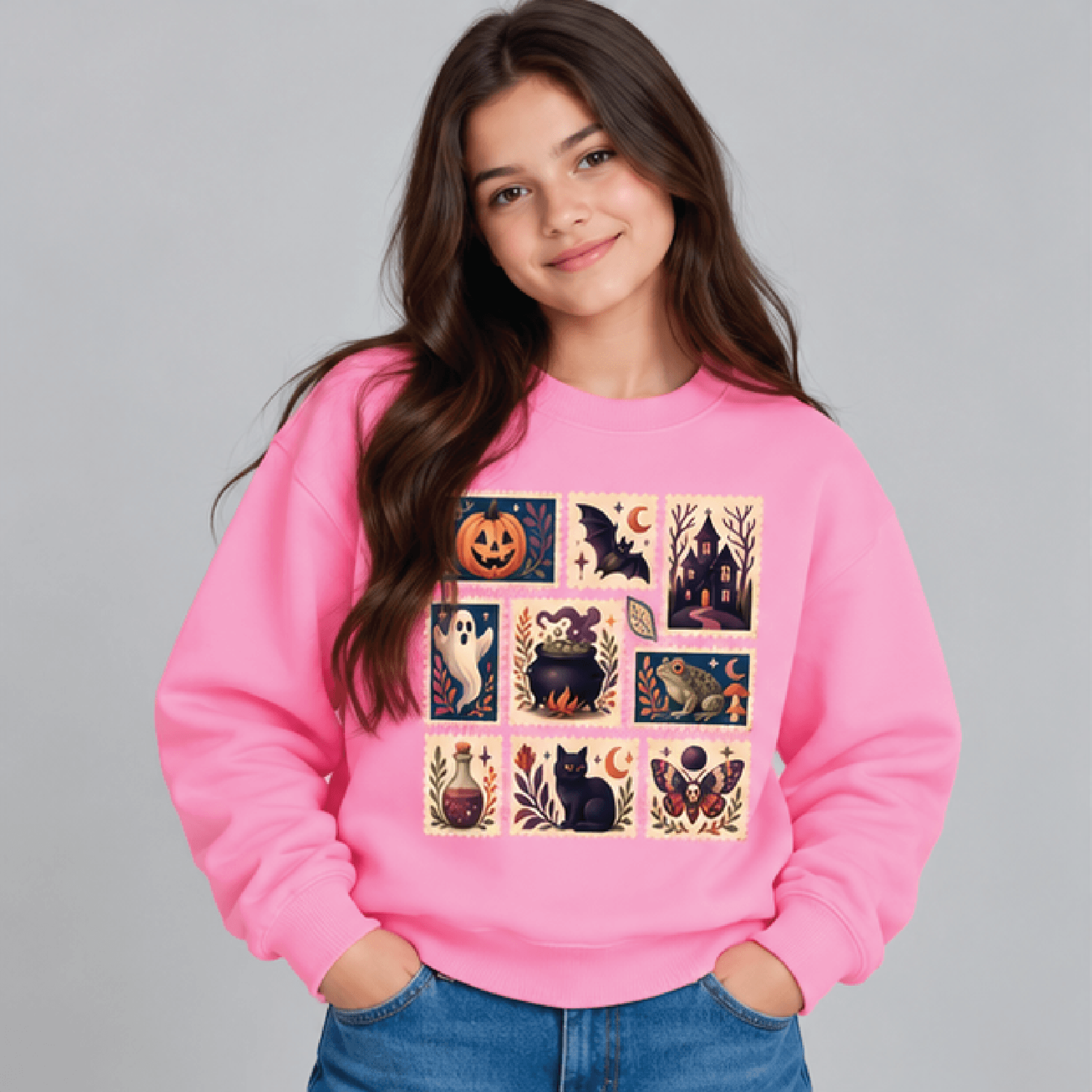Halloween Postage Stamp Sweatshirt Kids Youth Unisex Gothic Folk Art Crewneck Witchy Ghost Pumpkin  2