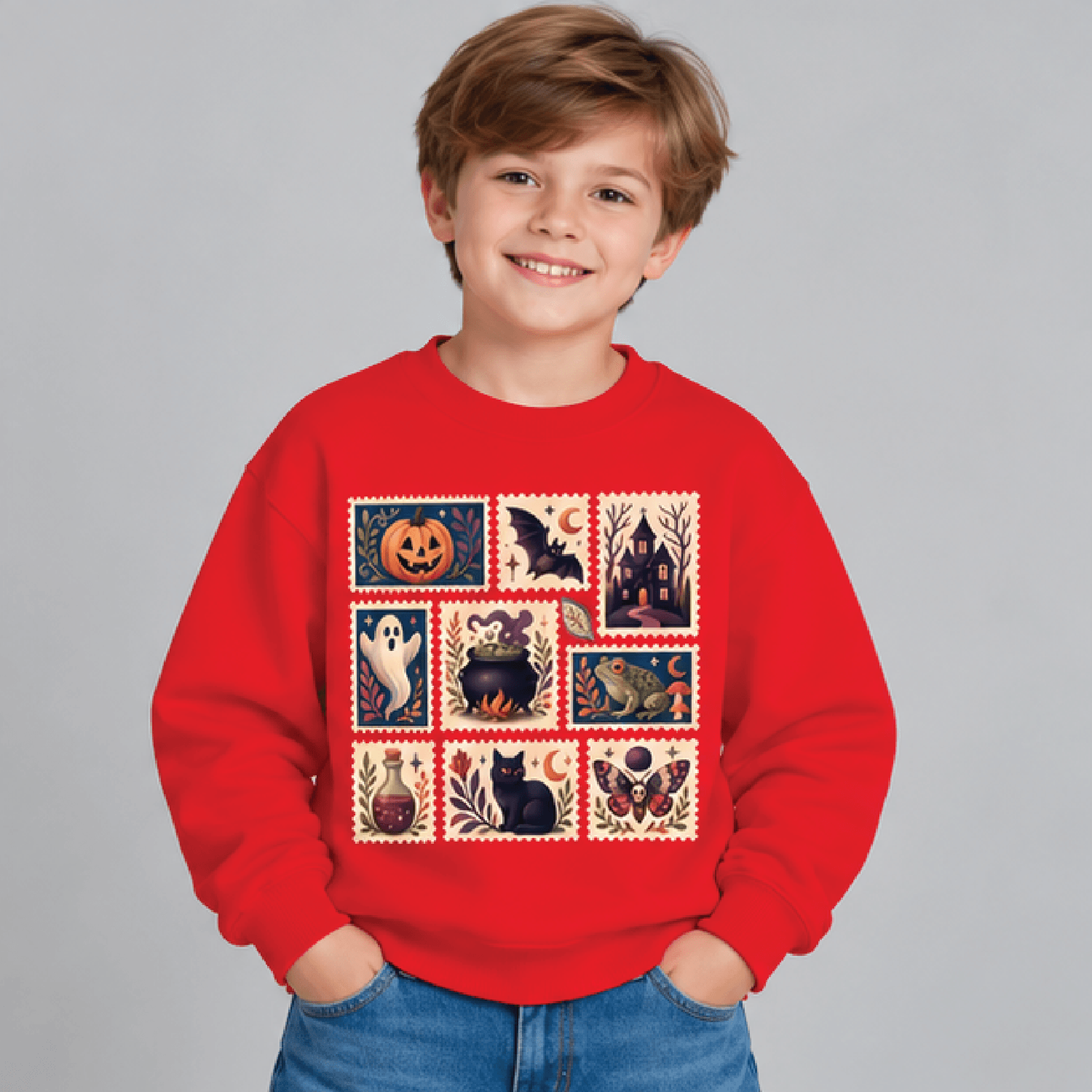 Halloween Postage Stamp Sweatshirt Kids Youth Unisex Gothic Folk Art Crewneck Witchy Ghost Pumpkin  3