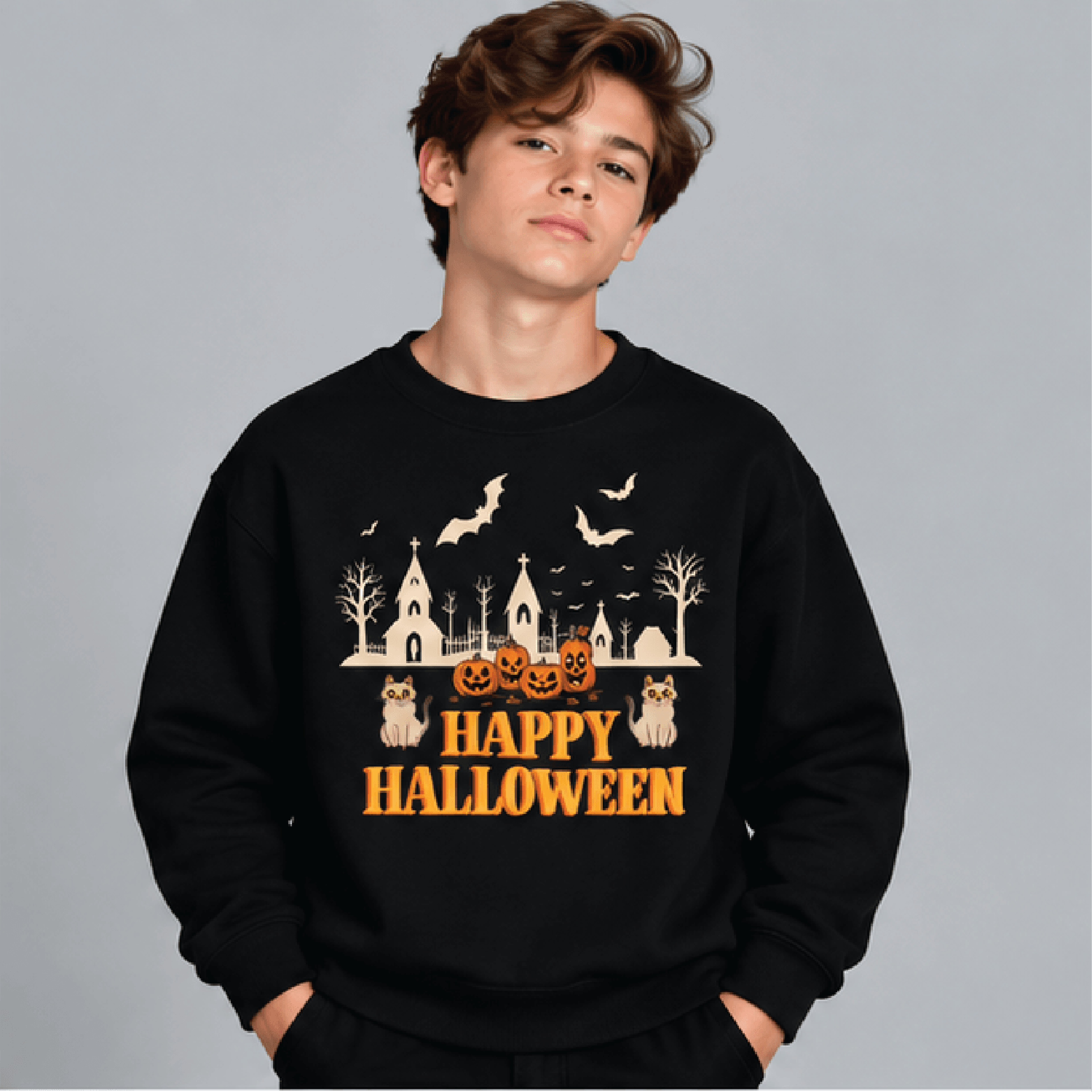 Happy Halloween Sweatshirt Kids Youth Unisex Spooky Village Crewneck Pumpkin Black Cat Bat Haunted  1