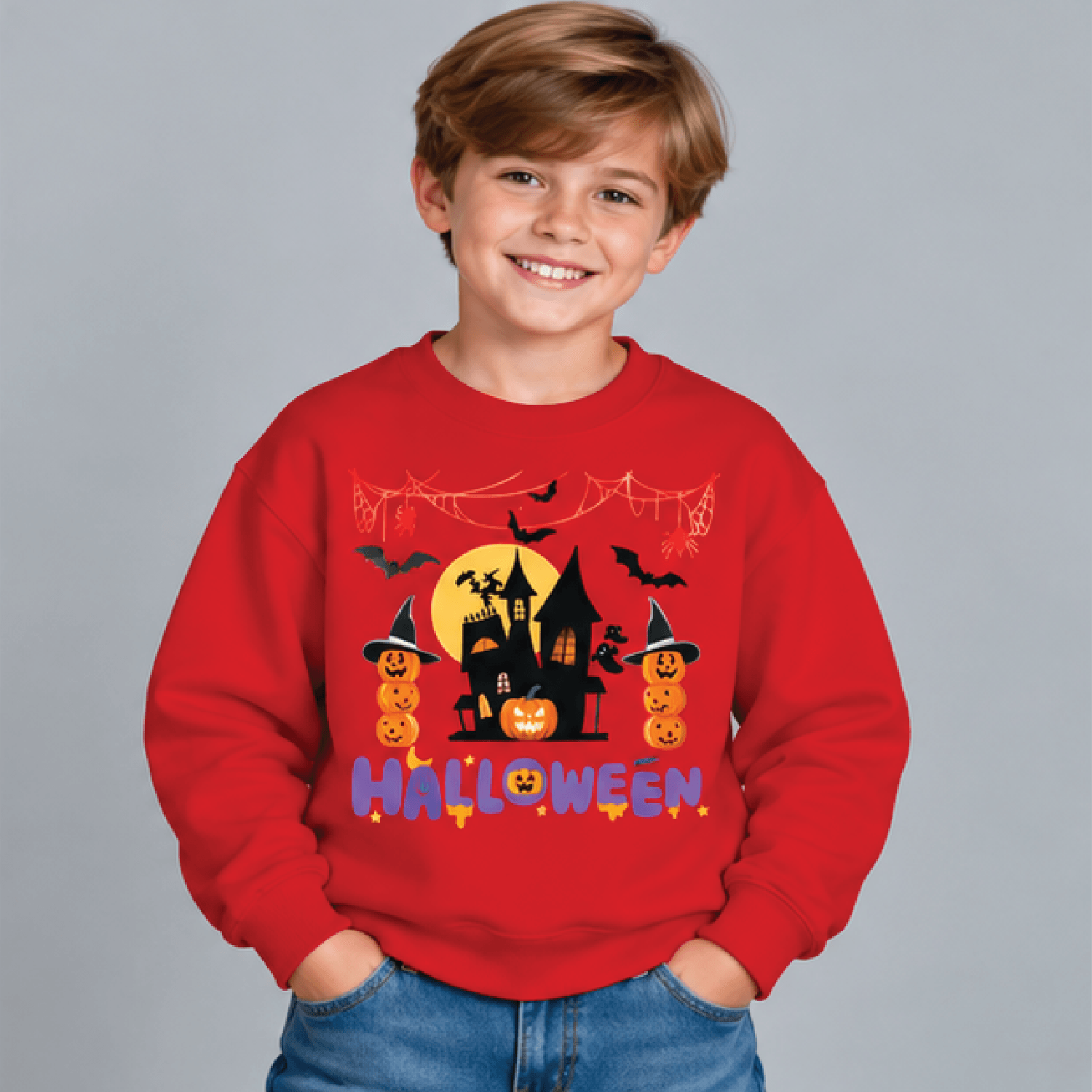 Halloween Haunted House Sweatshirt Kids Youth Unisex Pumpkin Bat Crewneck Spooky Trick Or Treat Fal 3