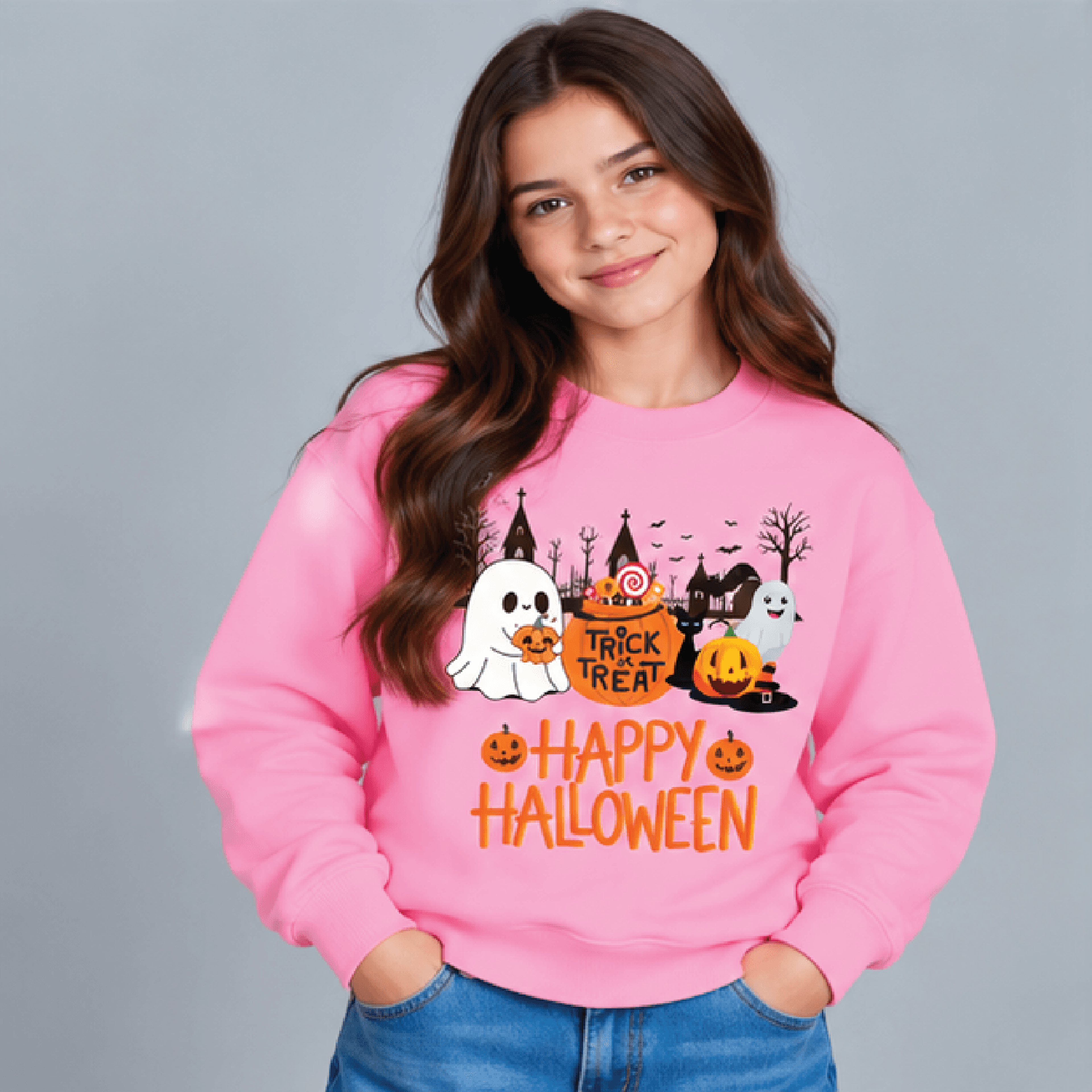 Trick Or Treat Halloween Sweatshirt Kids Youth Unisex Ghost Pumpkin Candy Crewneck Cute Happy Hallo 2