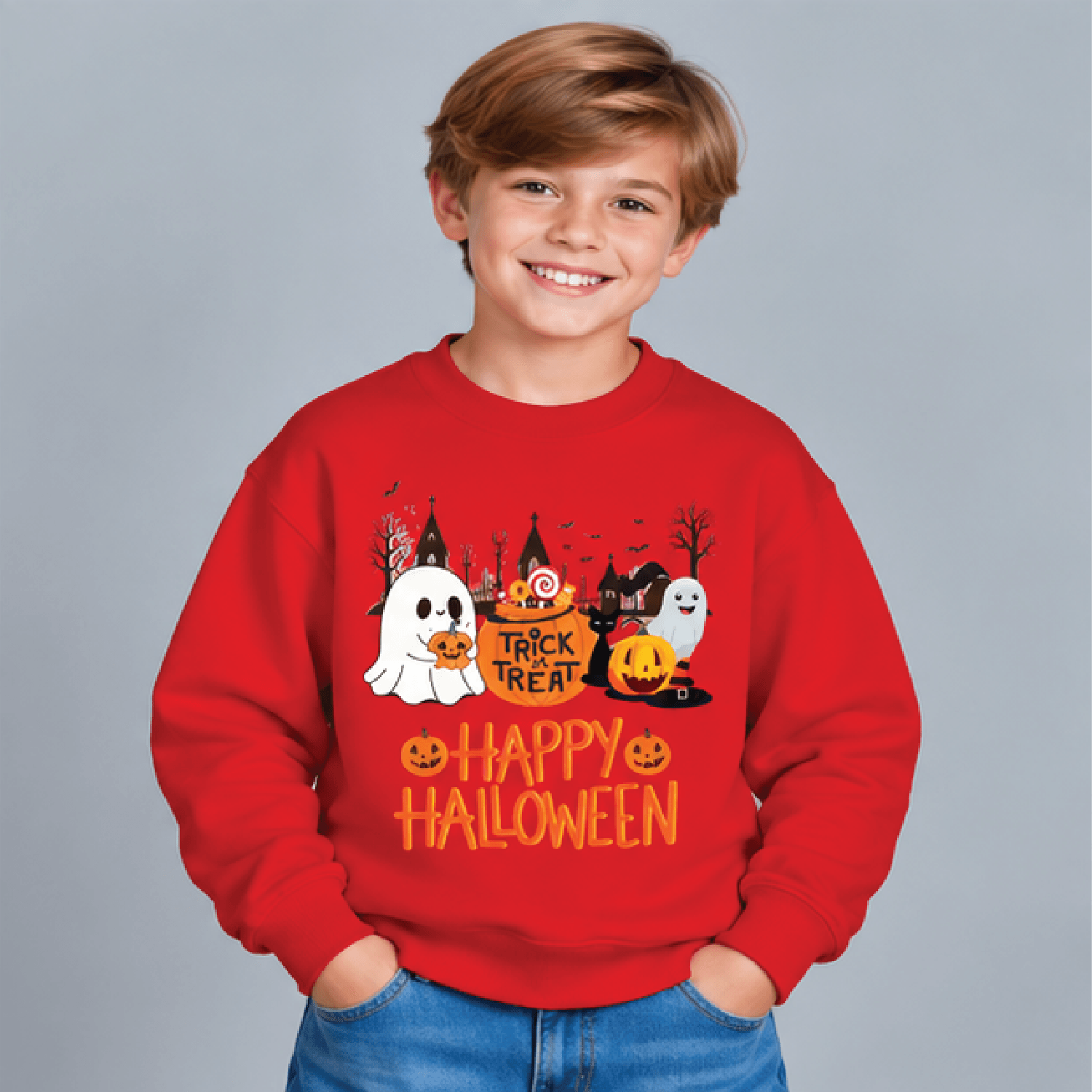 Trick Or Treat Halloween Sweatshirt Kids Youth Unisex Ghost Pumpkin Candy Crewneck Cute Happy Hallo 3