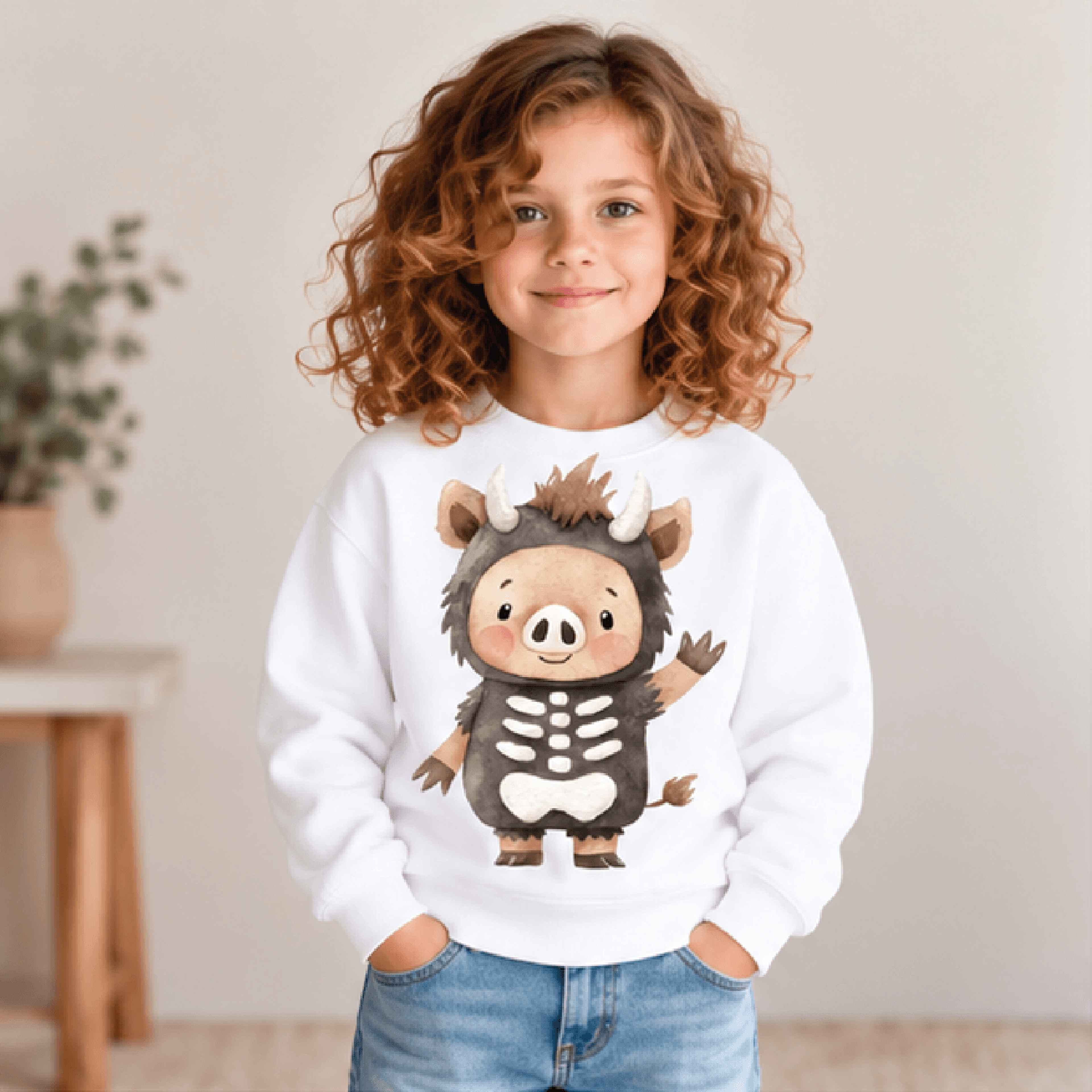 cute skeleton boar halloween sweatshirt, kids youth unisex wild pig costume crewneck, spooky woodland animal fall sweate