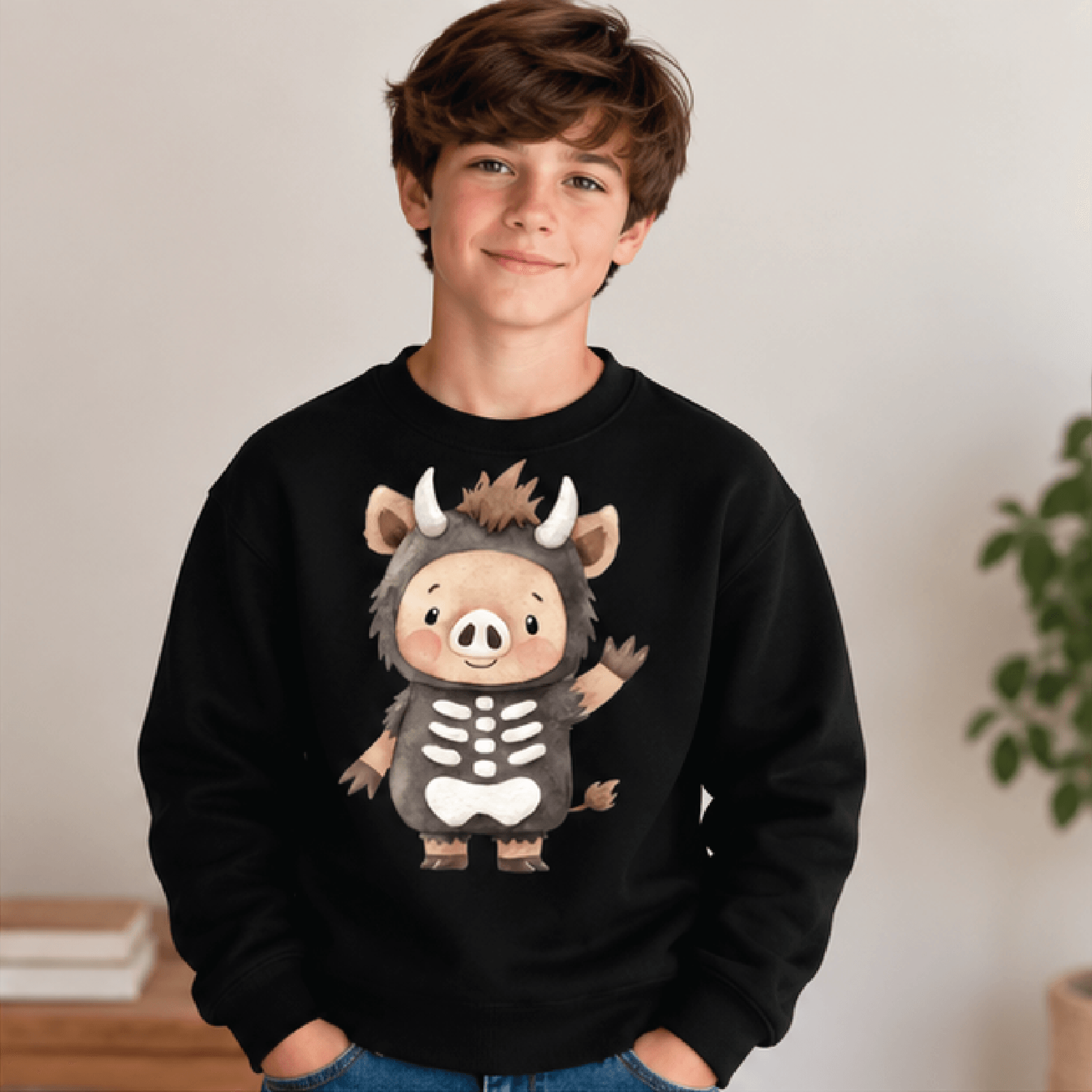 Cute Skeleton Boar Halloween Sweatshirt Kids Youth Unisex Wild Pig Costume Crewneck Spooky Woodland 1