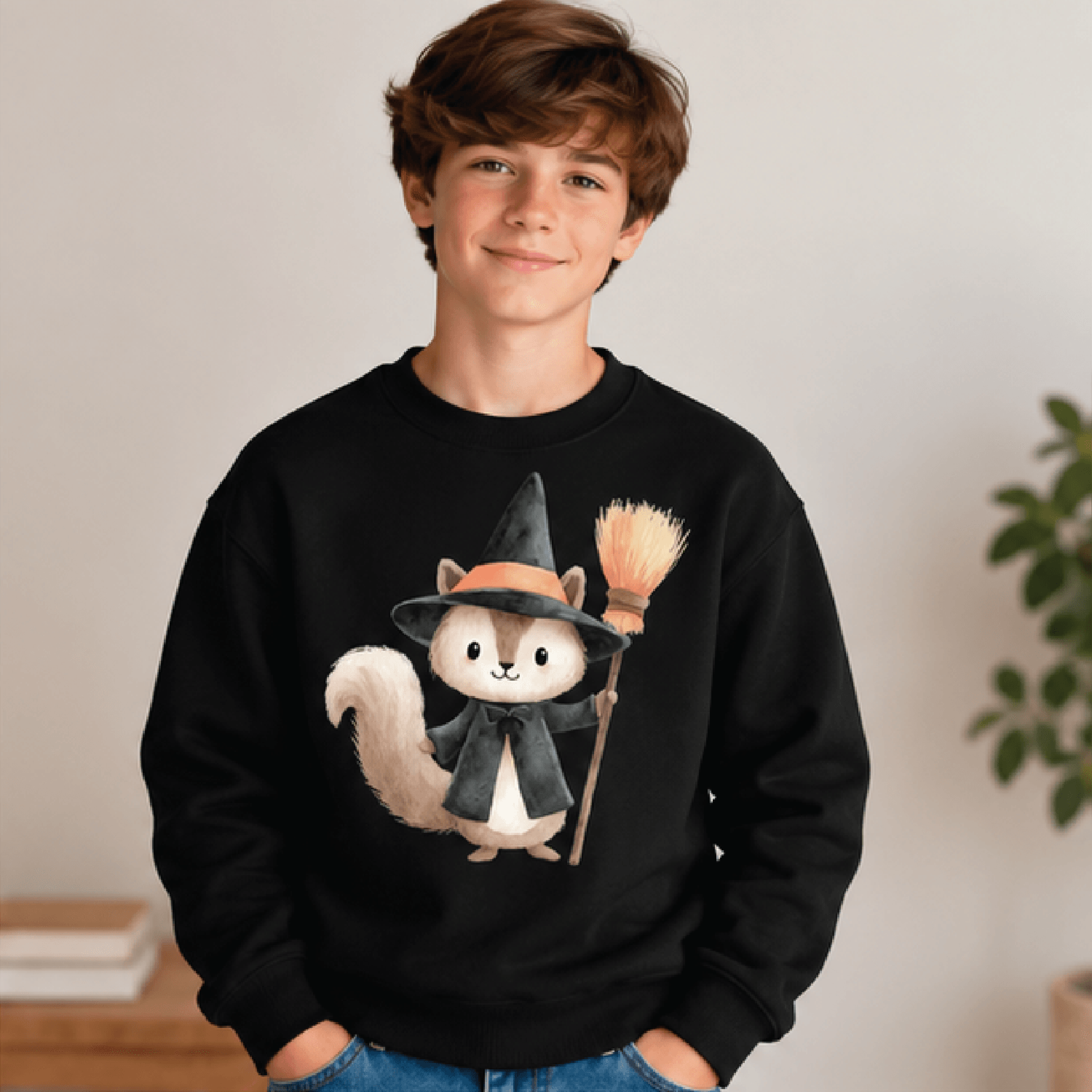 Witch Squirrel Halloween Sweatshirt Kids Youth Unisex Cute Woodland Witch Crewneck Broomstick Anima 1