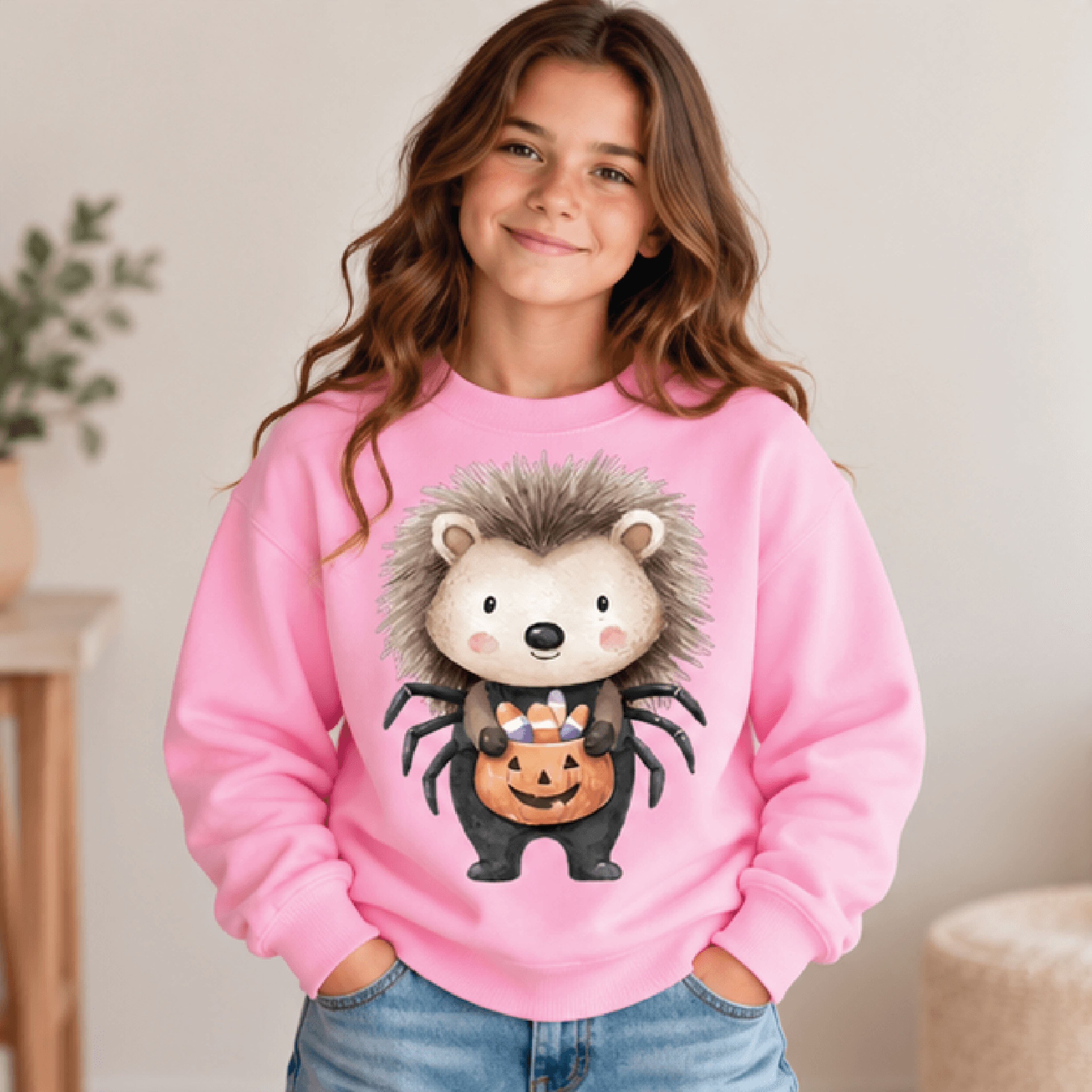 Spider Hedgehog Halloween Sweatshirt Kids Youth Unisex Cute Woodland Animal Crewneck Pumpkin Candy  2