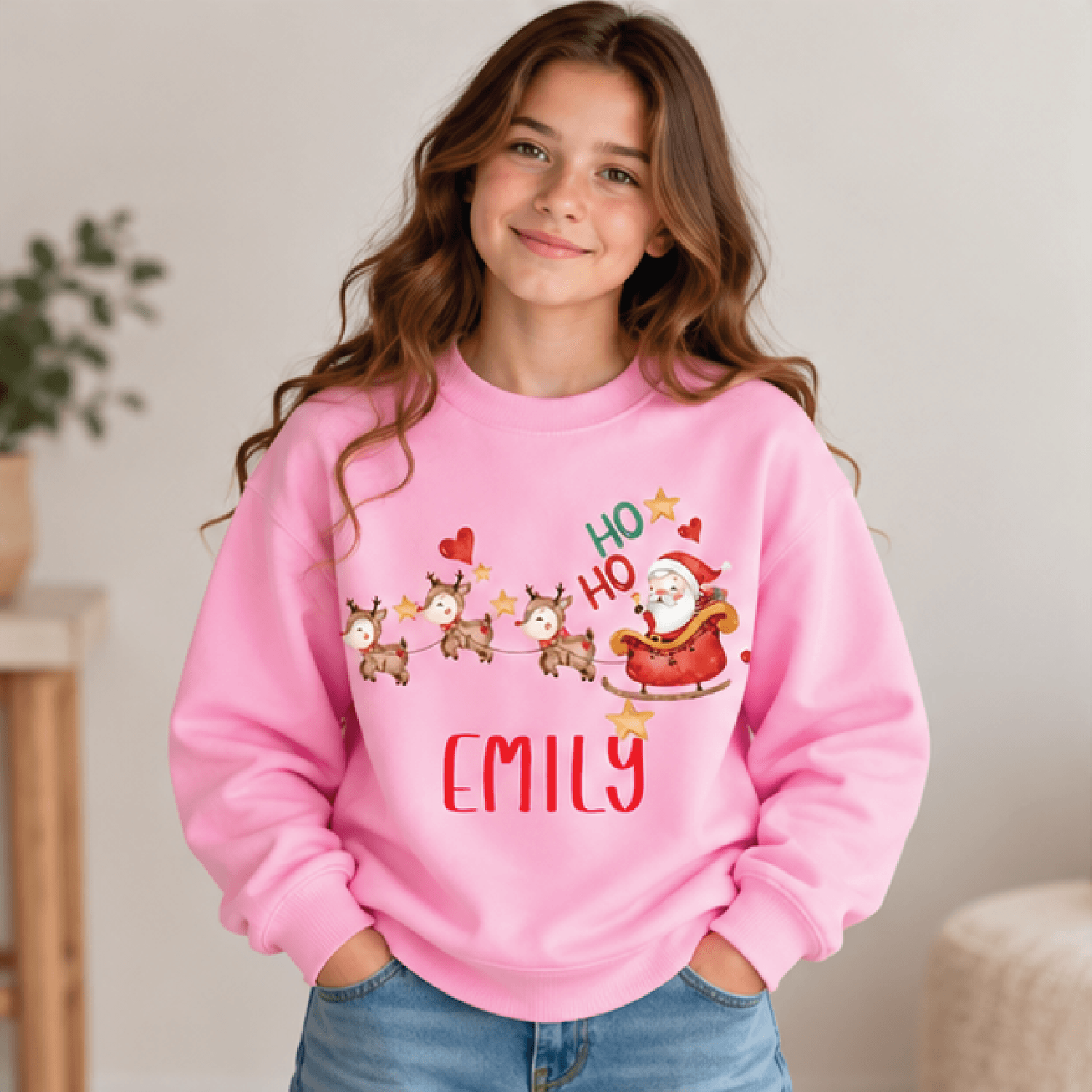 Personalized Santa Sleigh Christmas Sweatshirt Kids Youth Unisex Custom Name Crewneck Reindeer Ho H 2