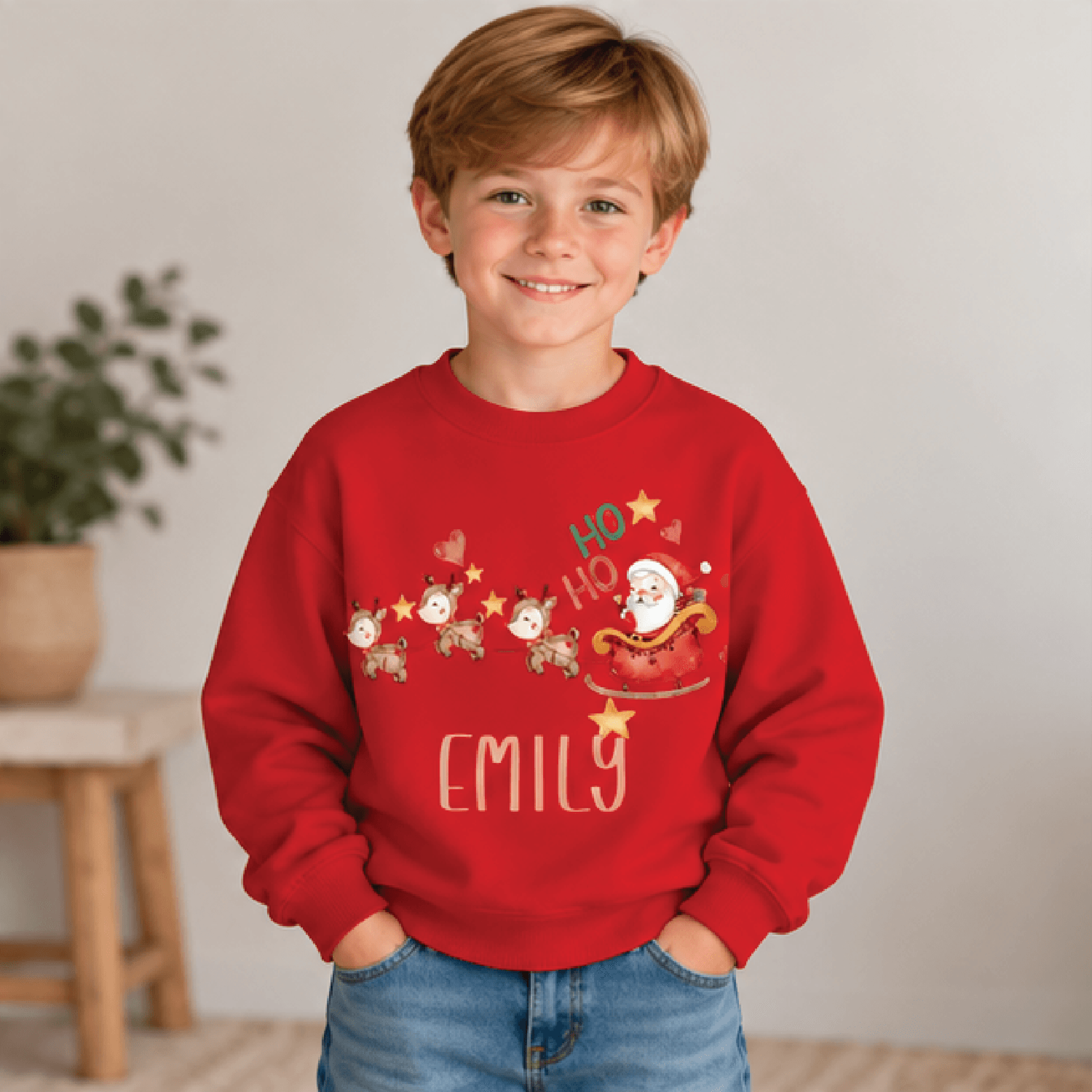 Personalized Santa Sleigh Christmas Sweatshirt Kids Youth Unisex Custom Name Crewneck Reindeer Ho H 3