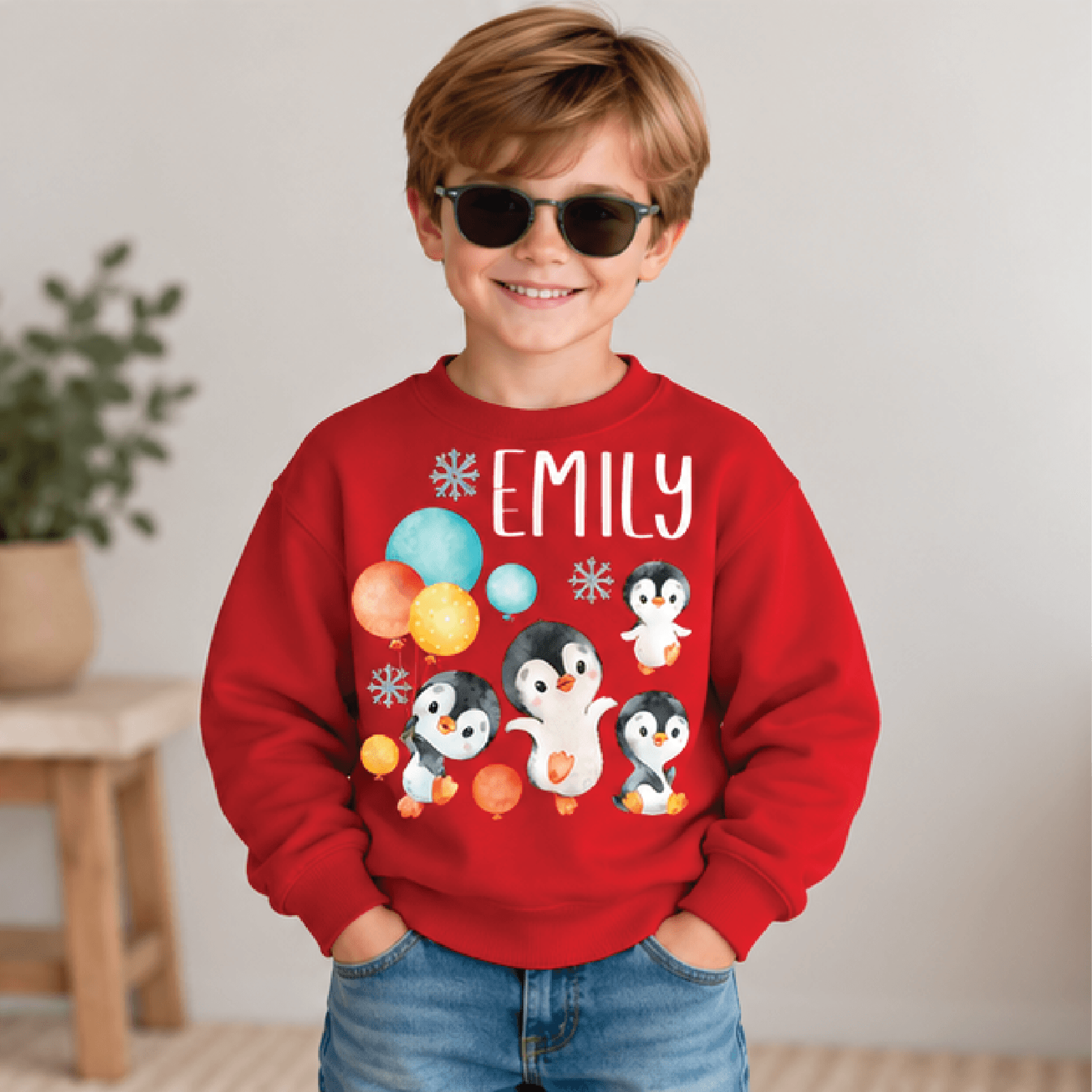Personalized Penguin Winter Sweatshirt Kids Youth Unisex Custom Name Crewneck Cute Penguin Balloons 3