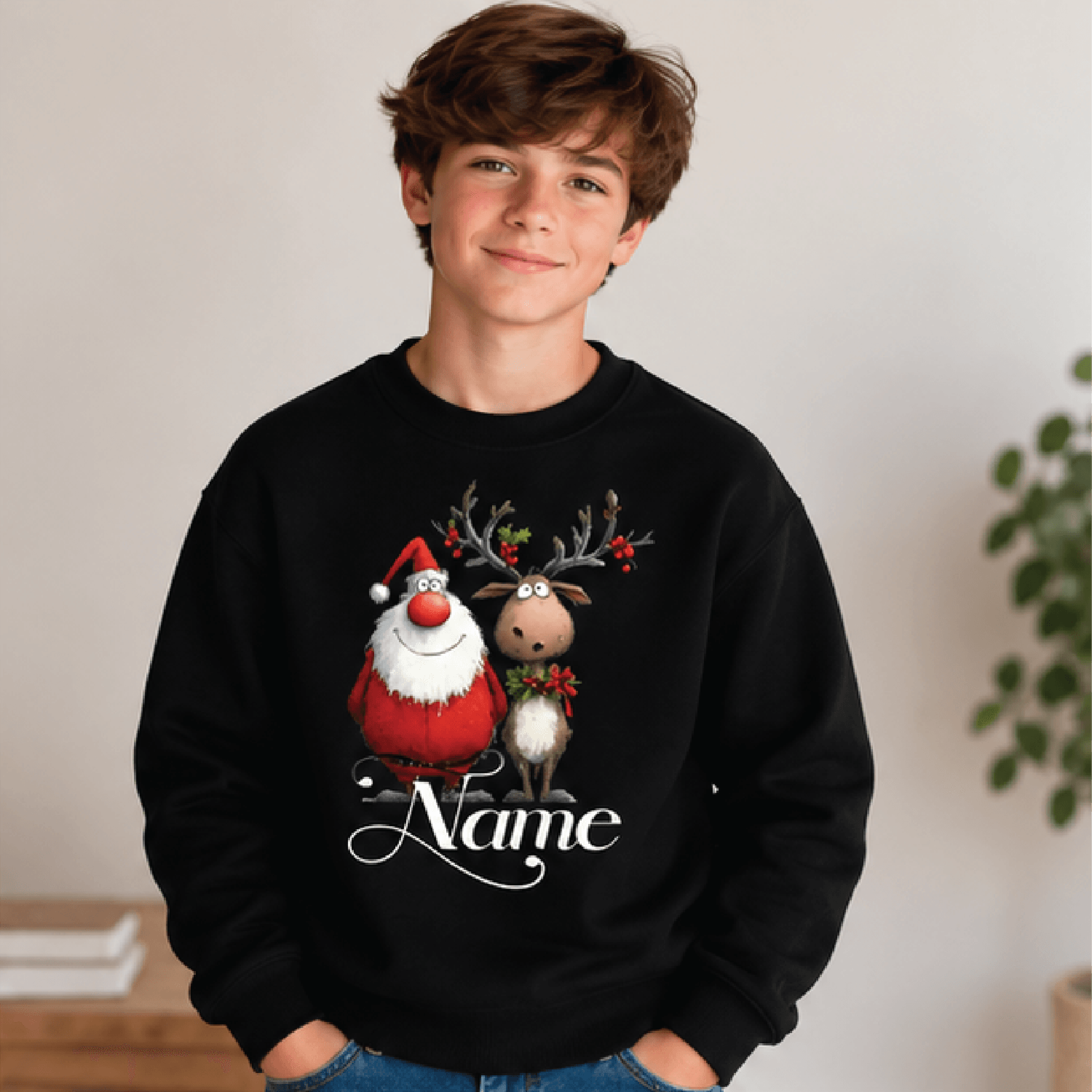 Personalized Santa And Reindeer Christmas Sweatshirt Kids Youth Unisex Custom Name Crewneck Cute Ho 1