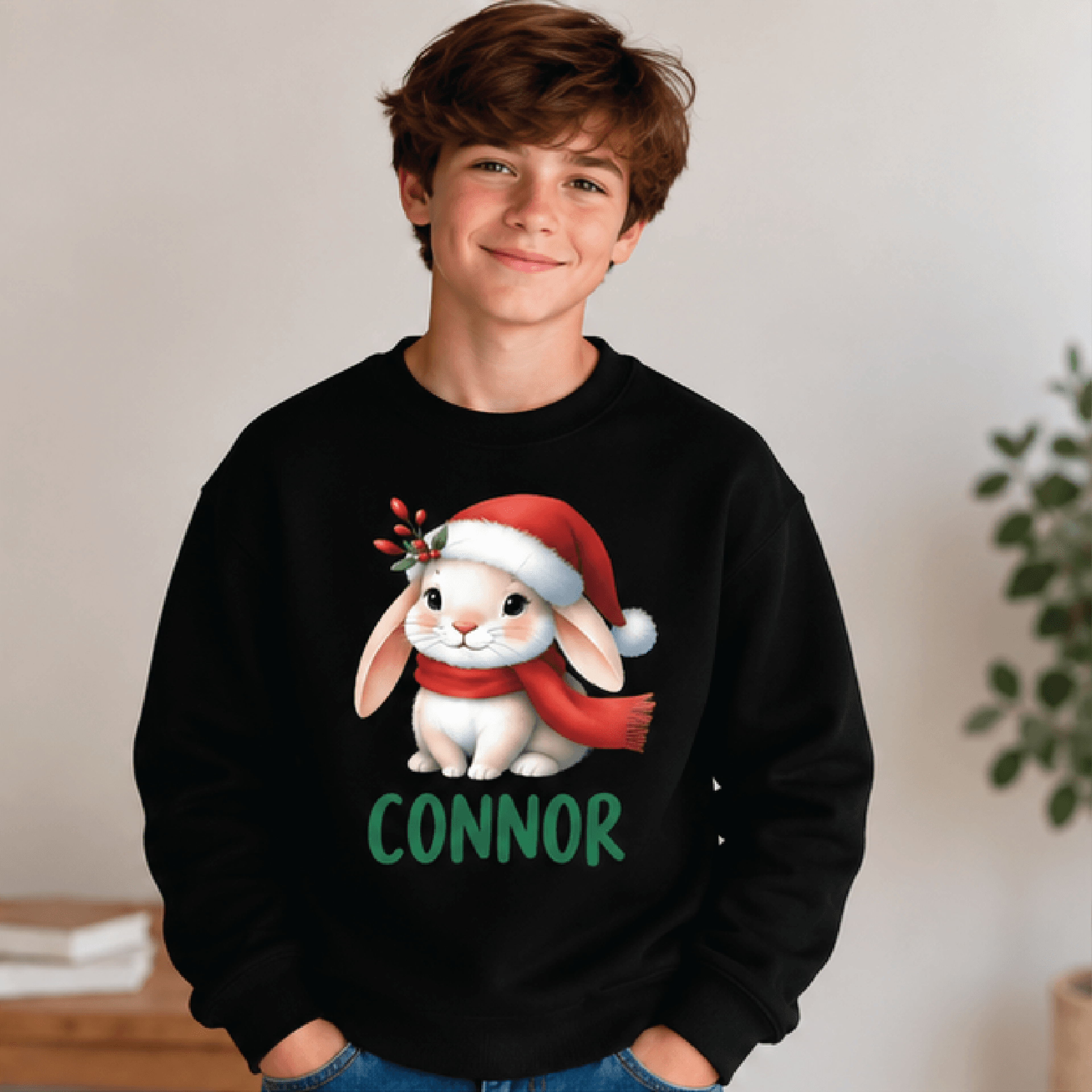 Personalized Christmas Bunny Sweatshirt Kids Youth Unisex Custom Name Crewneck Cute Santa Rabbit Ho 1