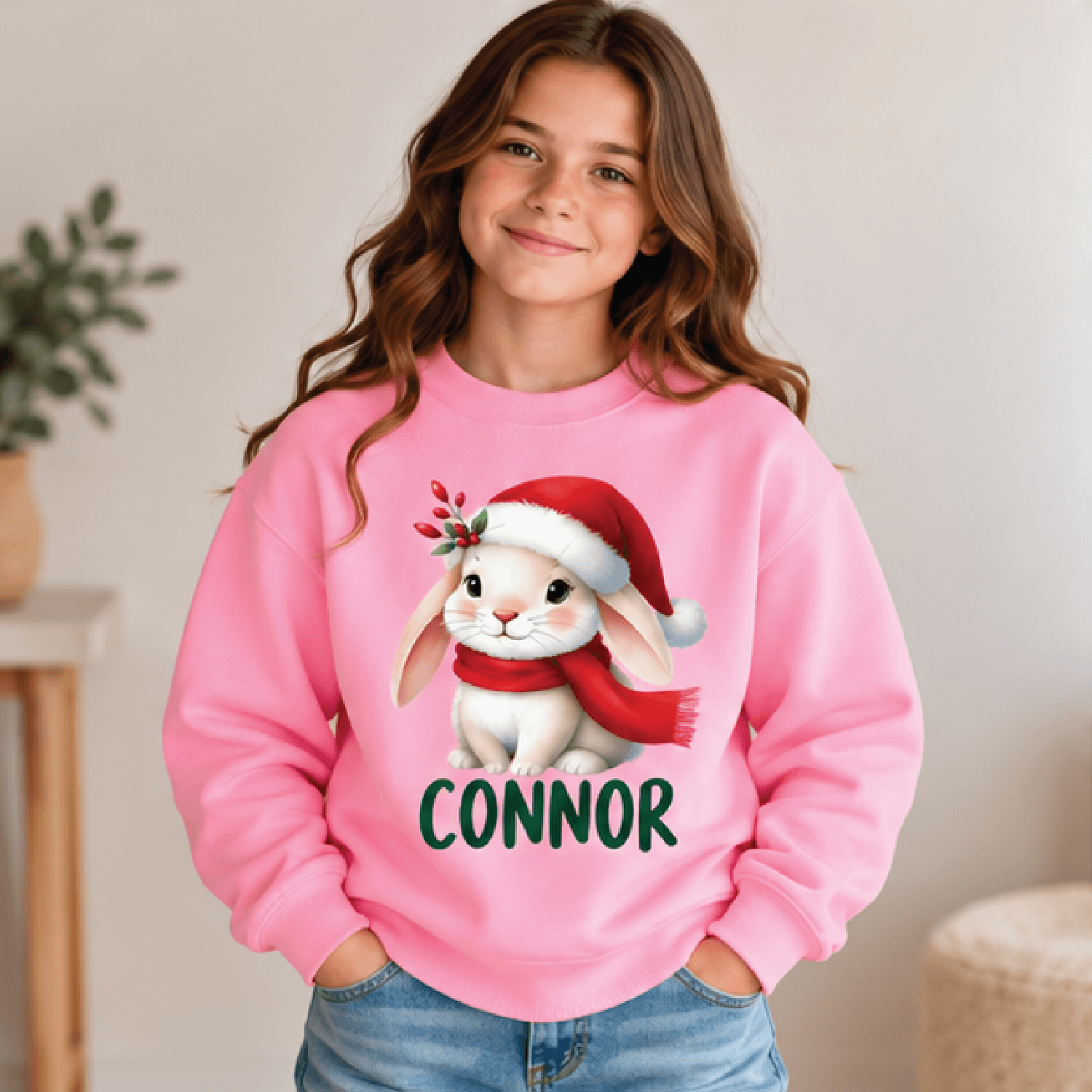 Personalized Christmas Bunny Sweatshirt Kids Youth Unisex Custom Name Crewneck Cute Santa Rabbit Ho 2