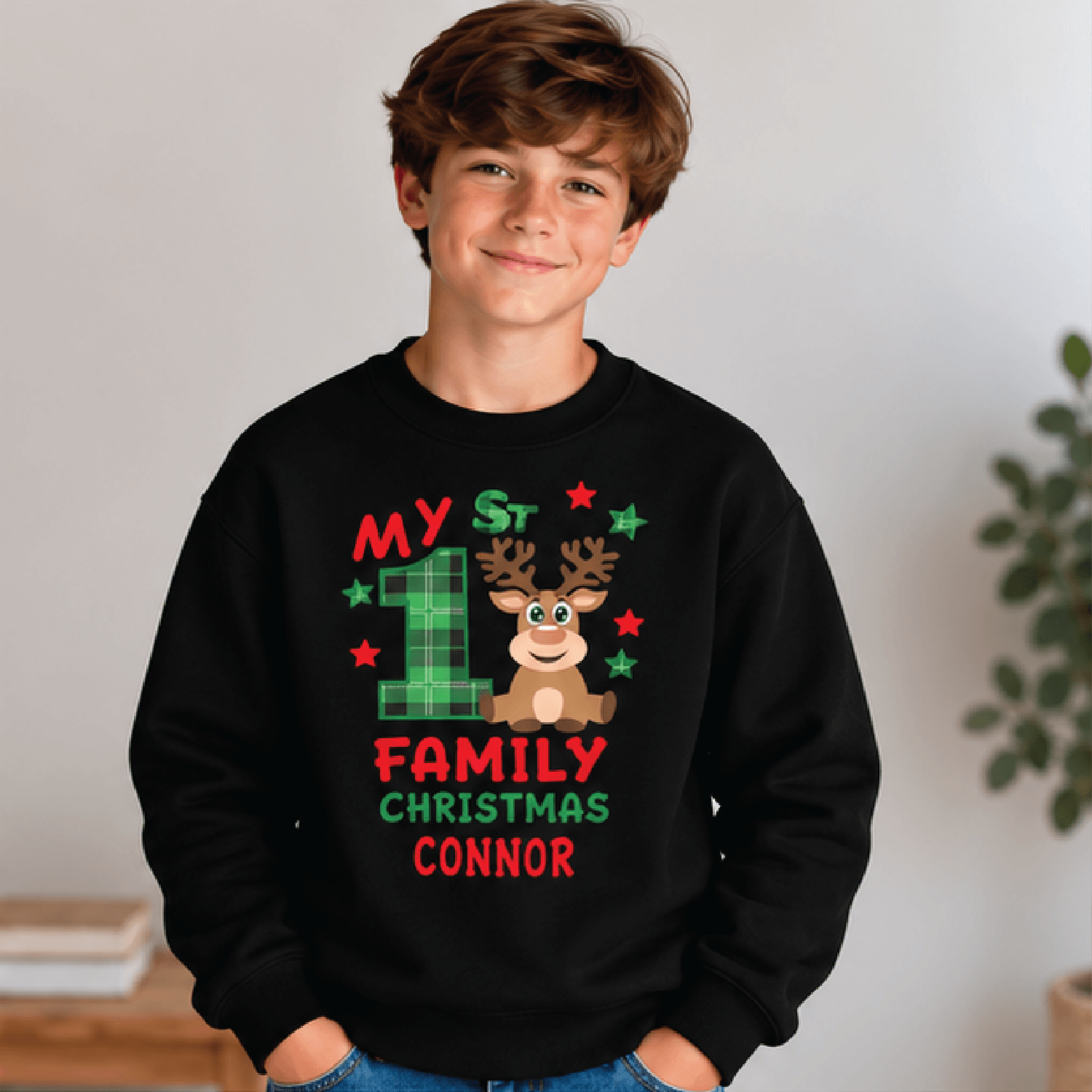 Personalized My First Family Christmas Sweatshirt Kids Youth Unisex Reindeer Custom Name Holiday Cr 1