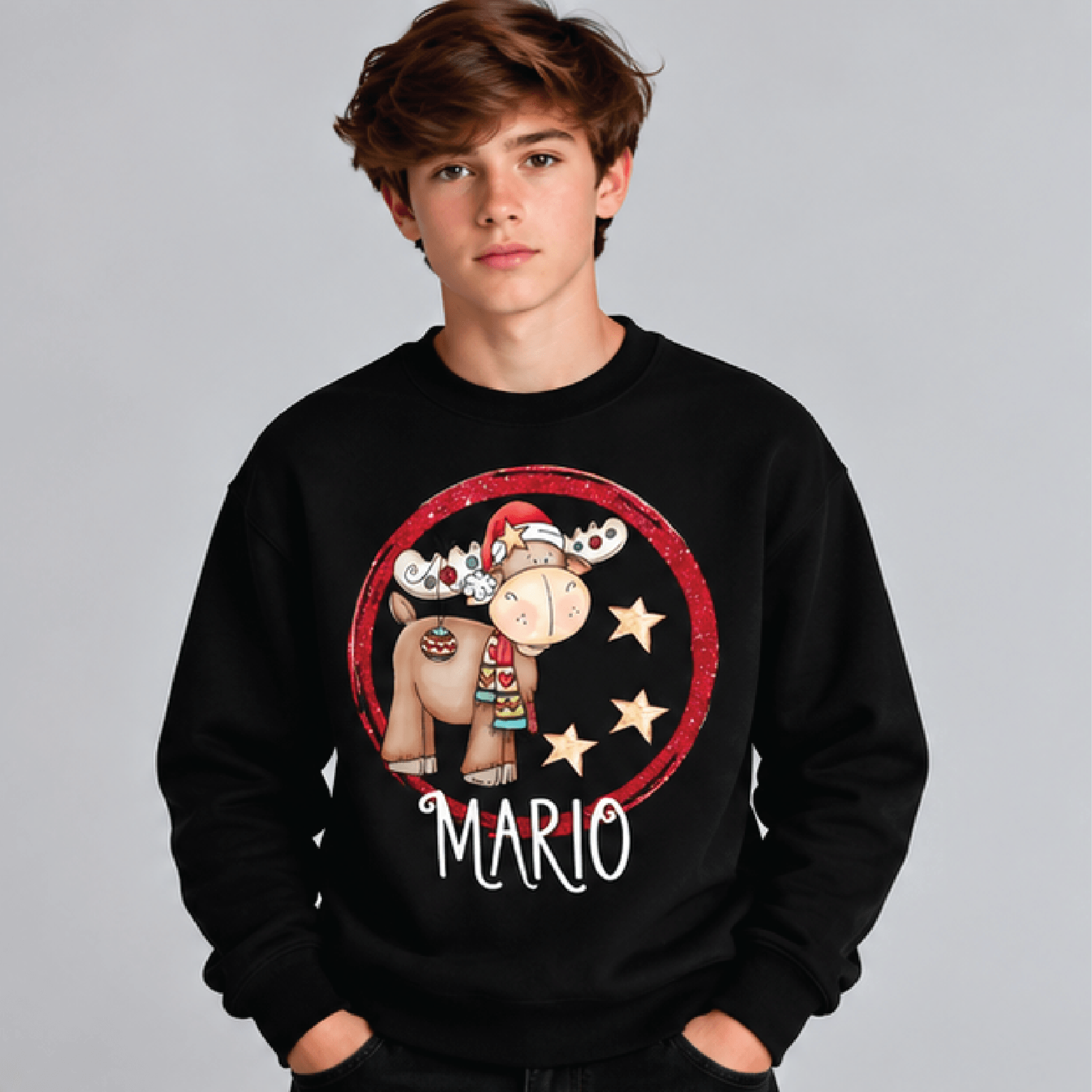 Personalized Christmas Moose Sweatshirt Kids Youth Unisex Custom Name Cute Moose Holiday Winter Cre 1