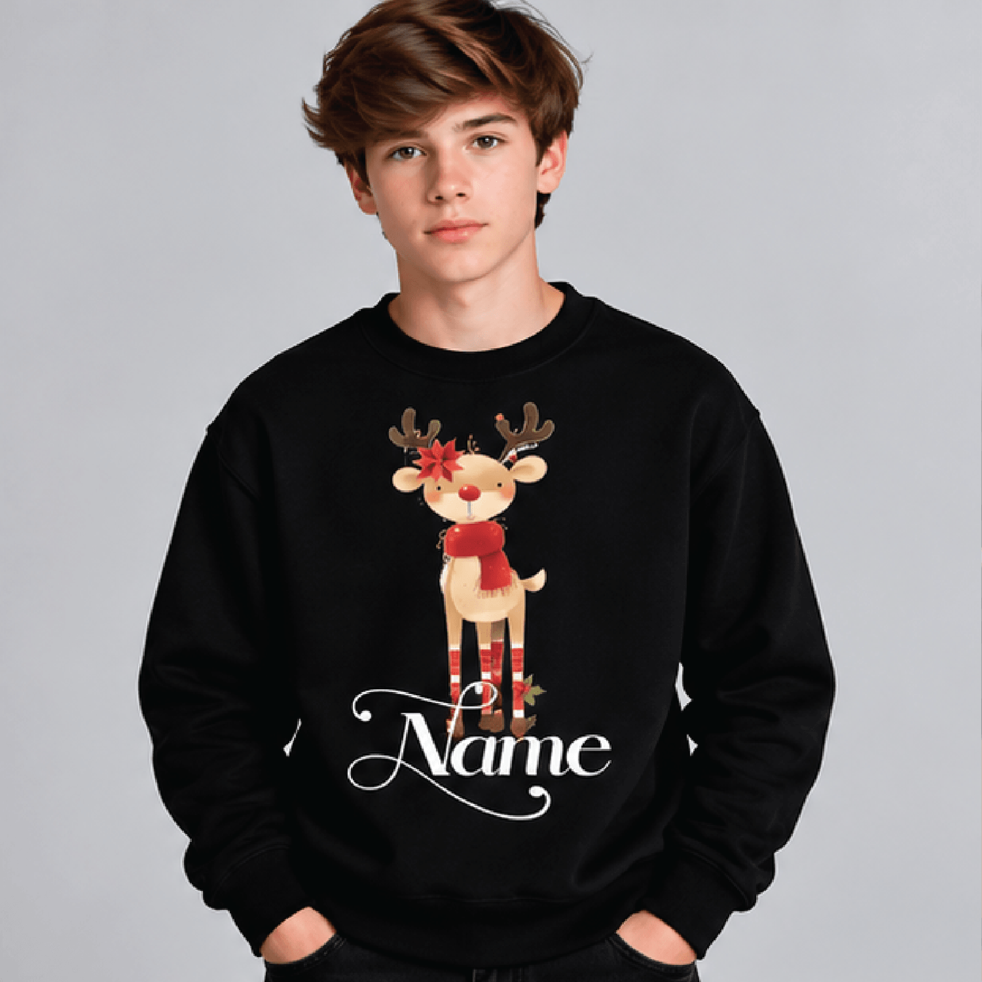 Personalized Christmas Reindeer Sweatshirt Kids Youth Unisex Custom Name Holiday Deer Crewneck Cute 1