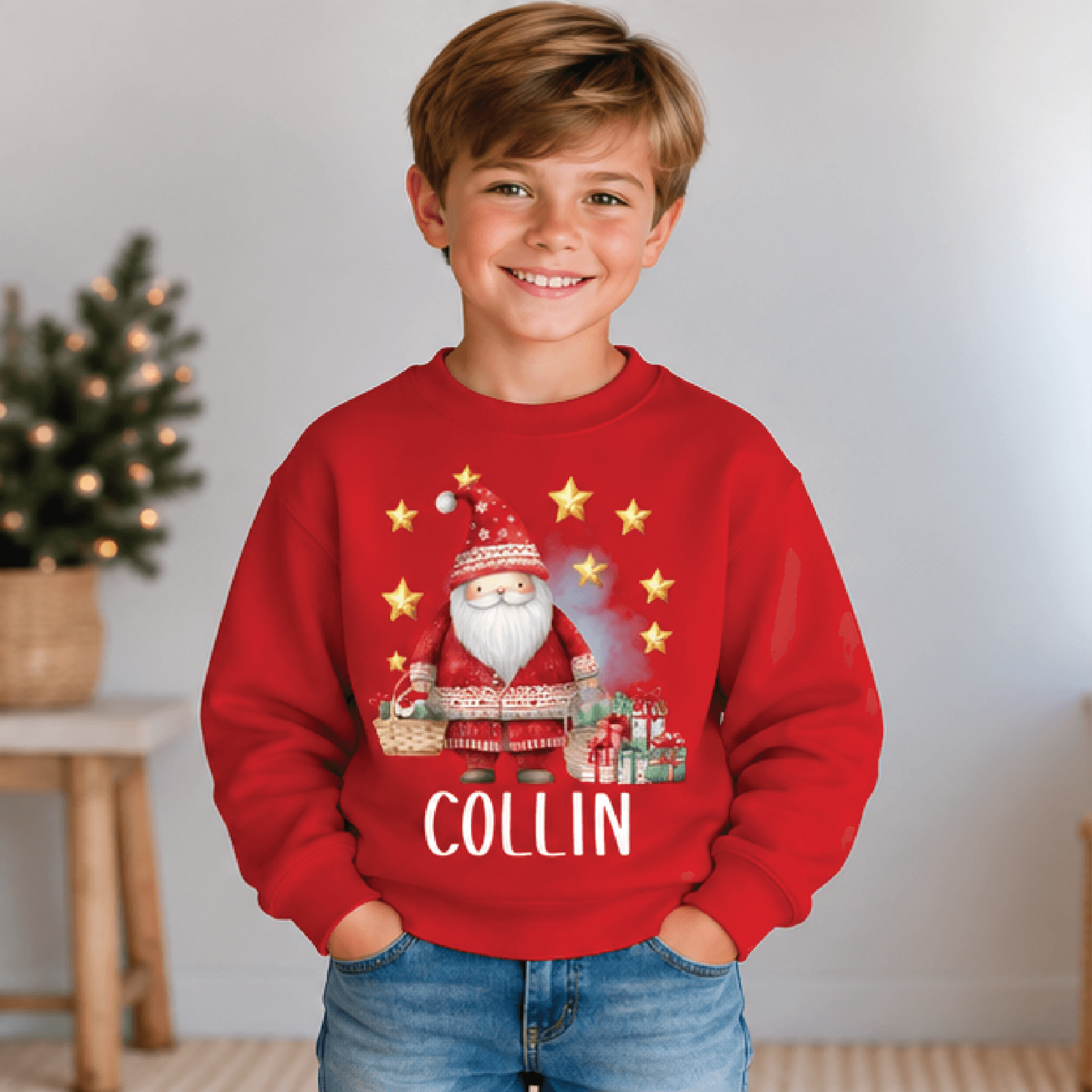 Personalized Christmas Gnome Sweatshirt Kids Youth Unisex Custom Name Holiday Gnome Gifts Stars Fes 3