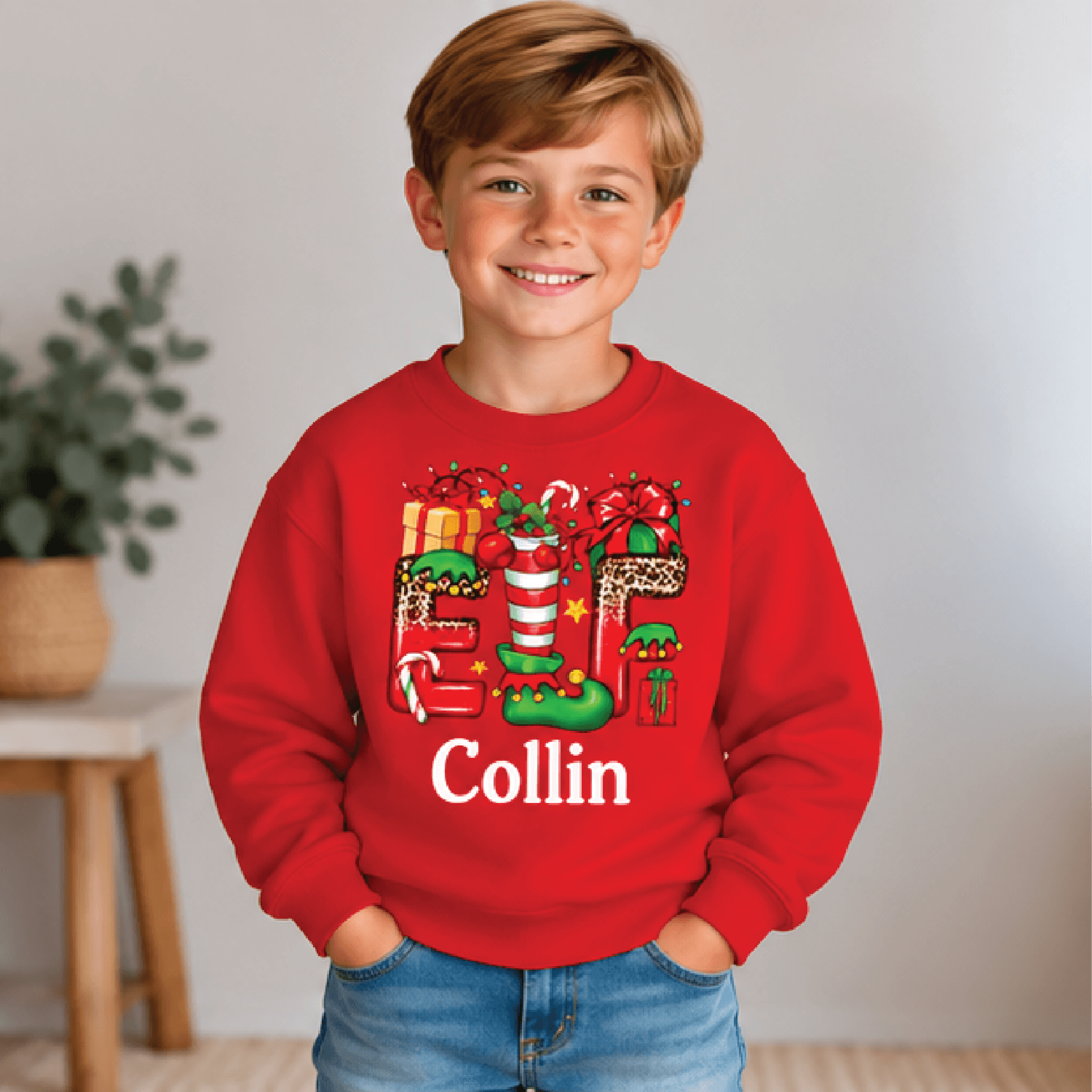 Personalized Christmas Elf Sweatshirt Kids Youth Unisex Custom Name Elf Crewneck Festive Holiday Ca 3