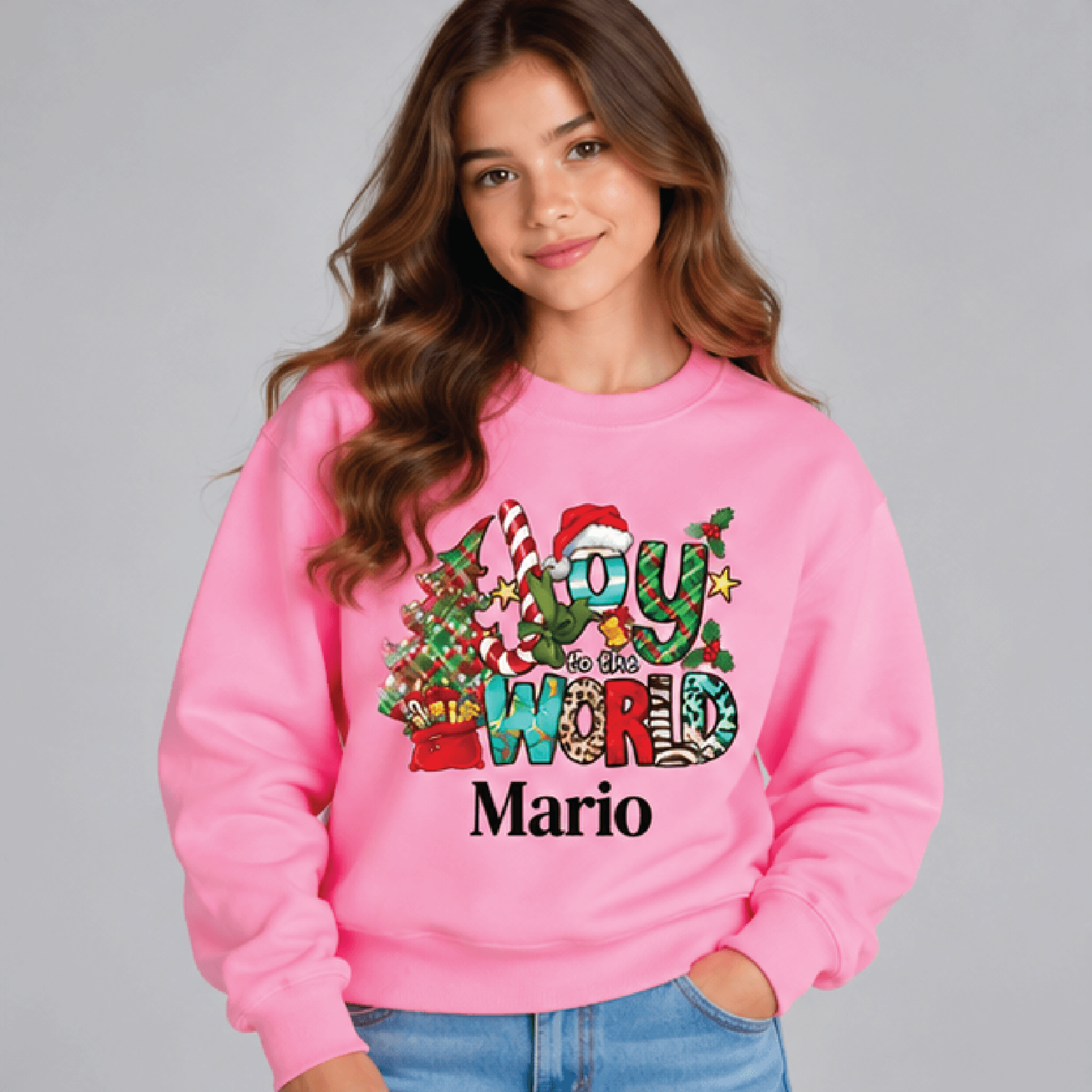 Personalized Joy To The World Christmas Sweatshirt Kids Youth Unisex Custom Name Holiday Crewneck F