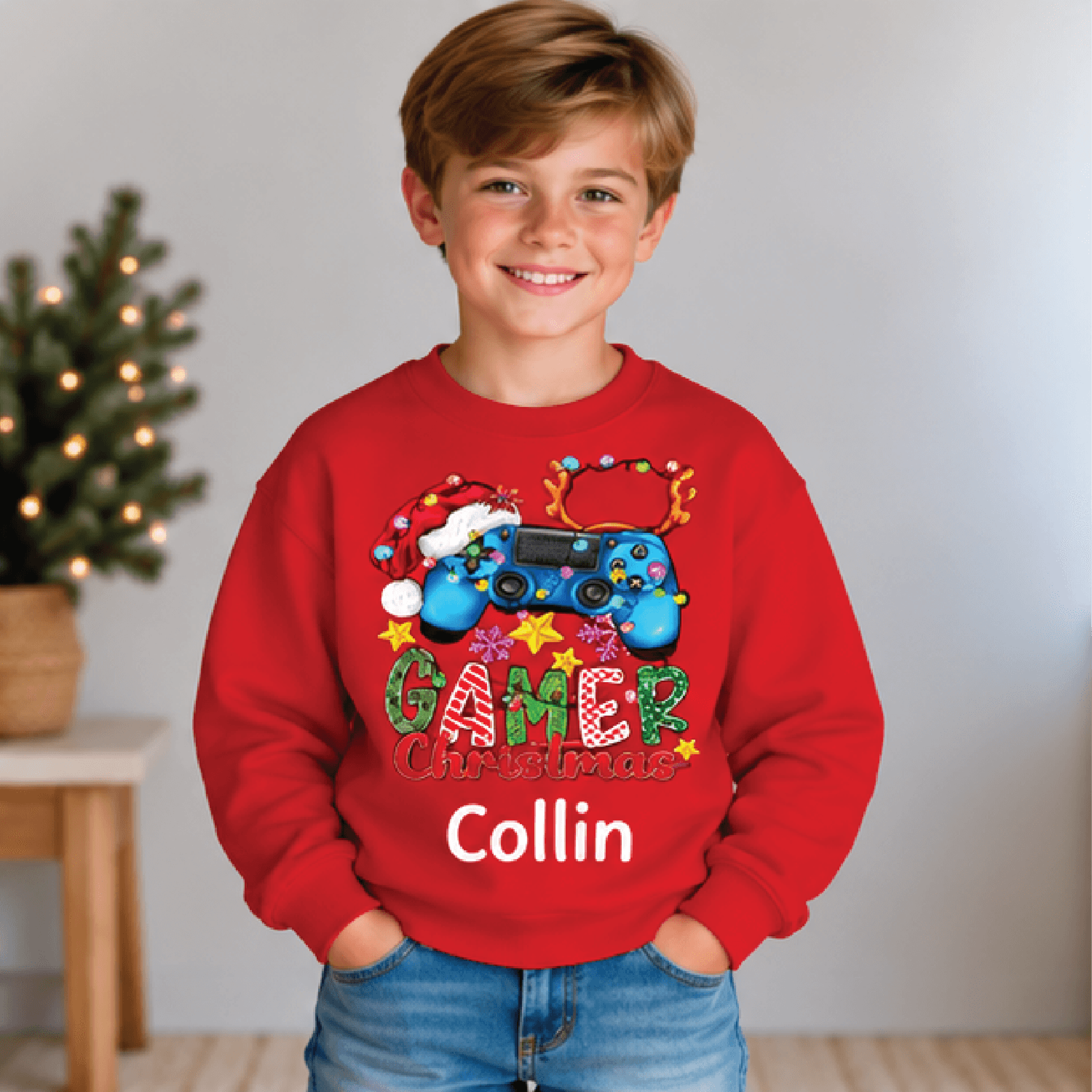 Personalized Gamer Christmas Sweatshirt Kids Youth Unisex Custom Name Gaming Controller Holiday Cre 3