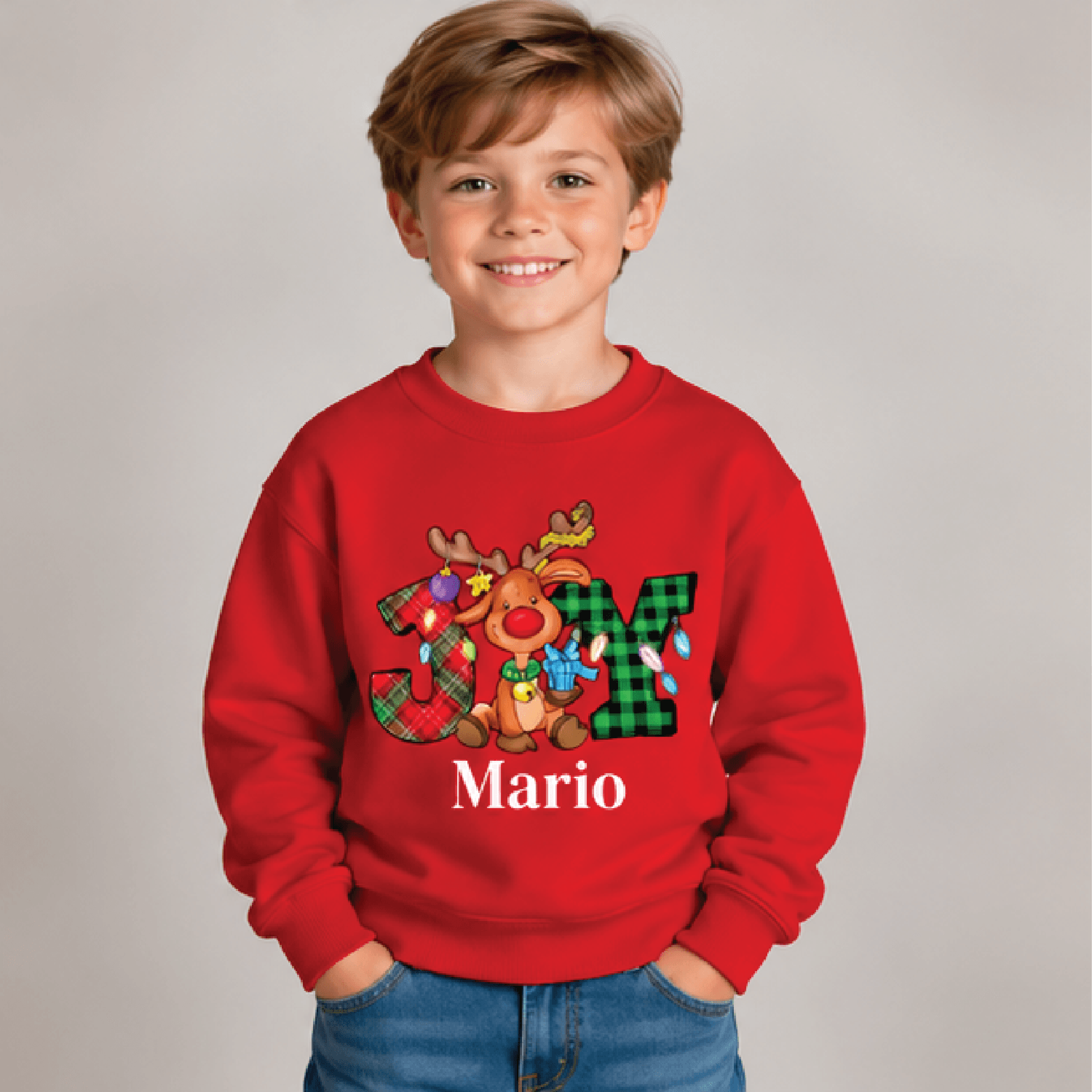 Personalized JOY Reindeer Christmas Sweatshirt Kids Youth Unisex Custom Name Plaid Holiday Crewneck 3