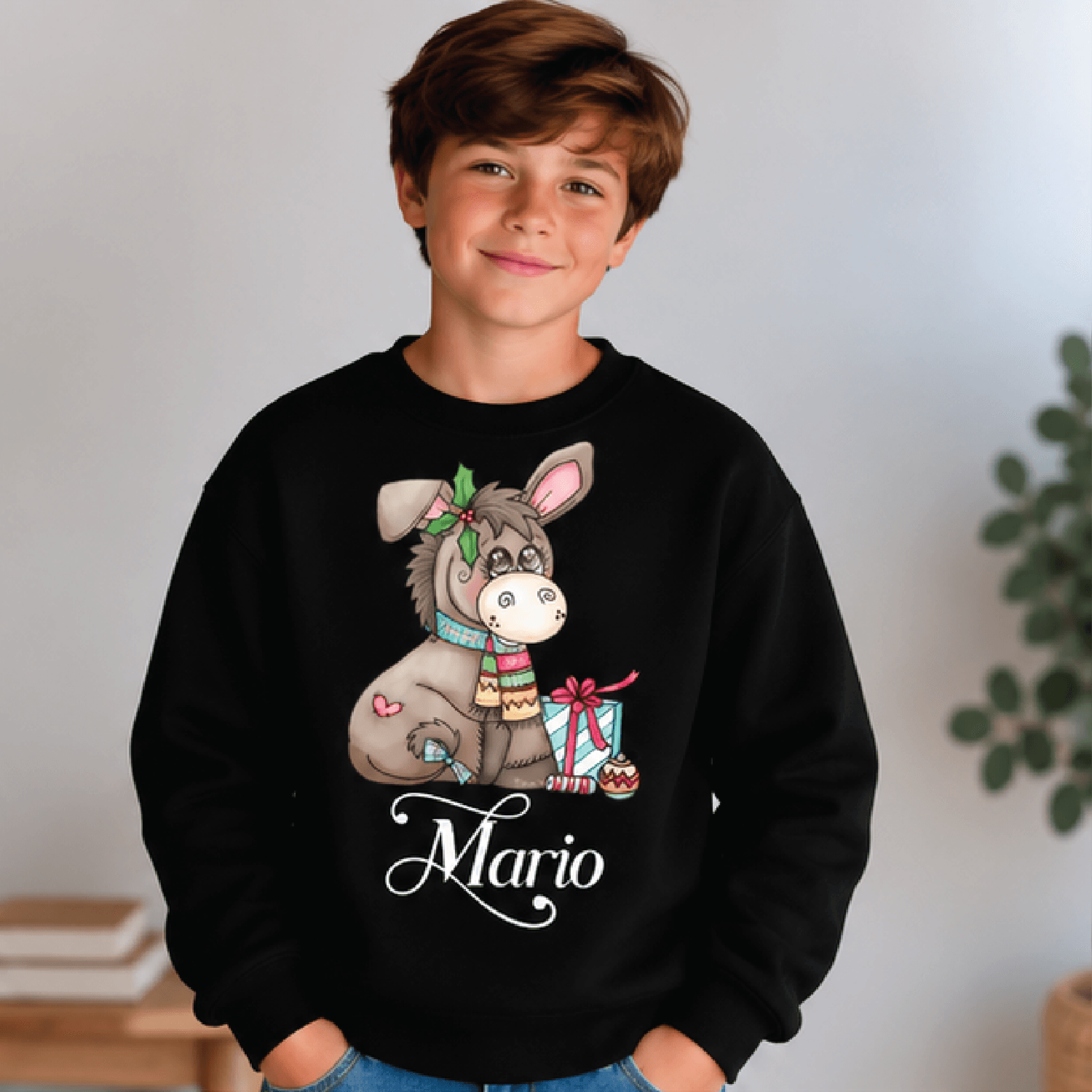 Personalized Christmas Donkey Sweatshirt Kids Youth Unisex Custom Name Cute Donkey Holiday Crewneck 1